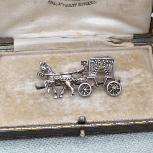 Vintage Sterling Silver and Marcasite Horse and Carriage Brooch