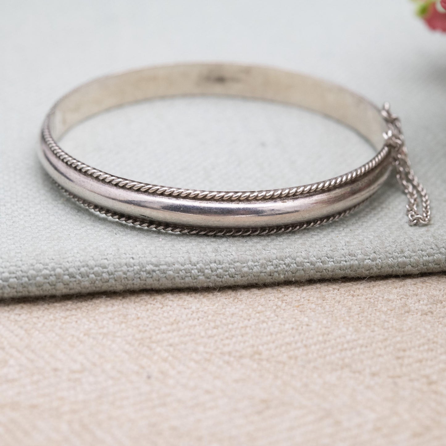 Vintage Sterling Silver Minimalist Bangle Bracelet - Rope Twist Border with Safety Chain