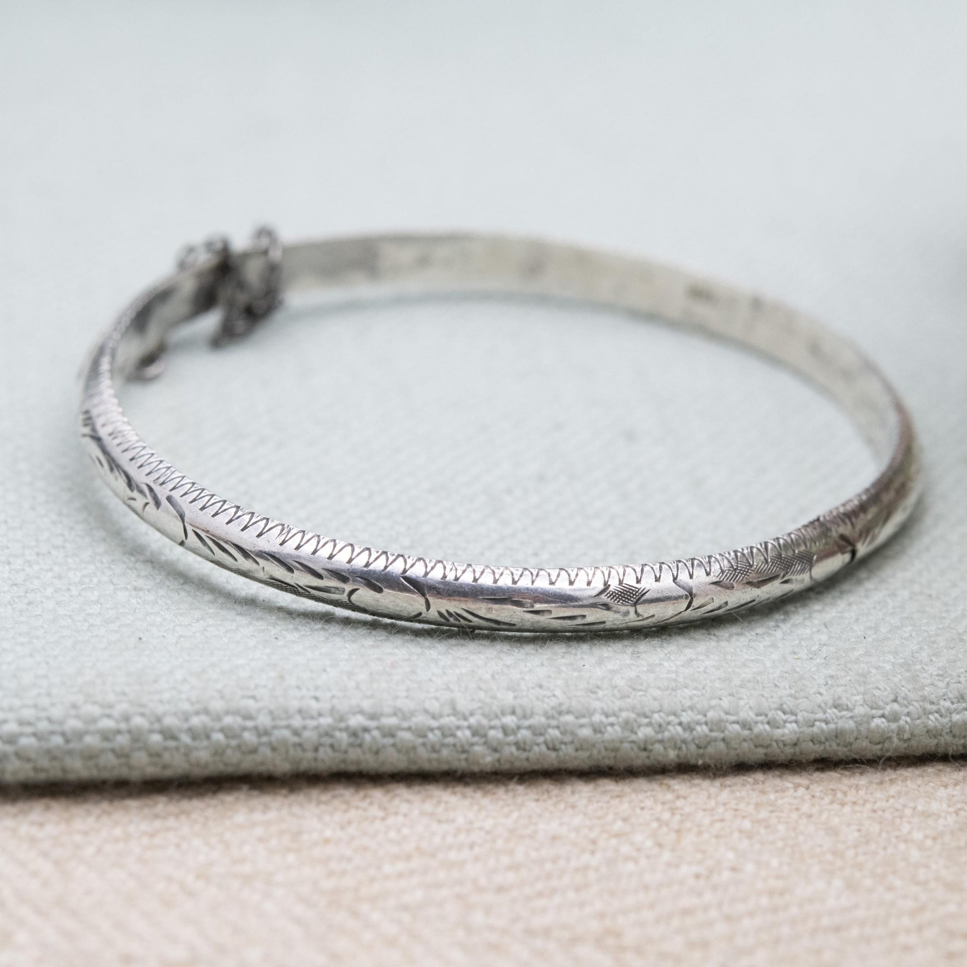 Vintage Sterling Silver Etched Floral Bangle Bracelet - Victorian Aesthetic Scrolling Style with Safety Chain