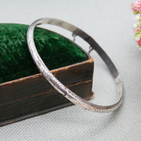 Vintage Sterling Silver Etched Floral Bangle Bracelet - Victorian Aesthetic Scrolling Style with Safety Chain