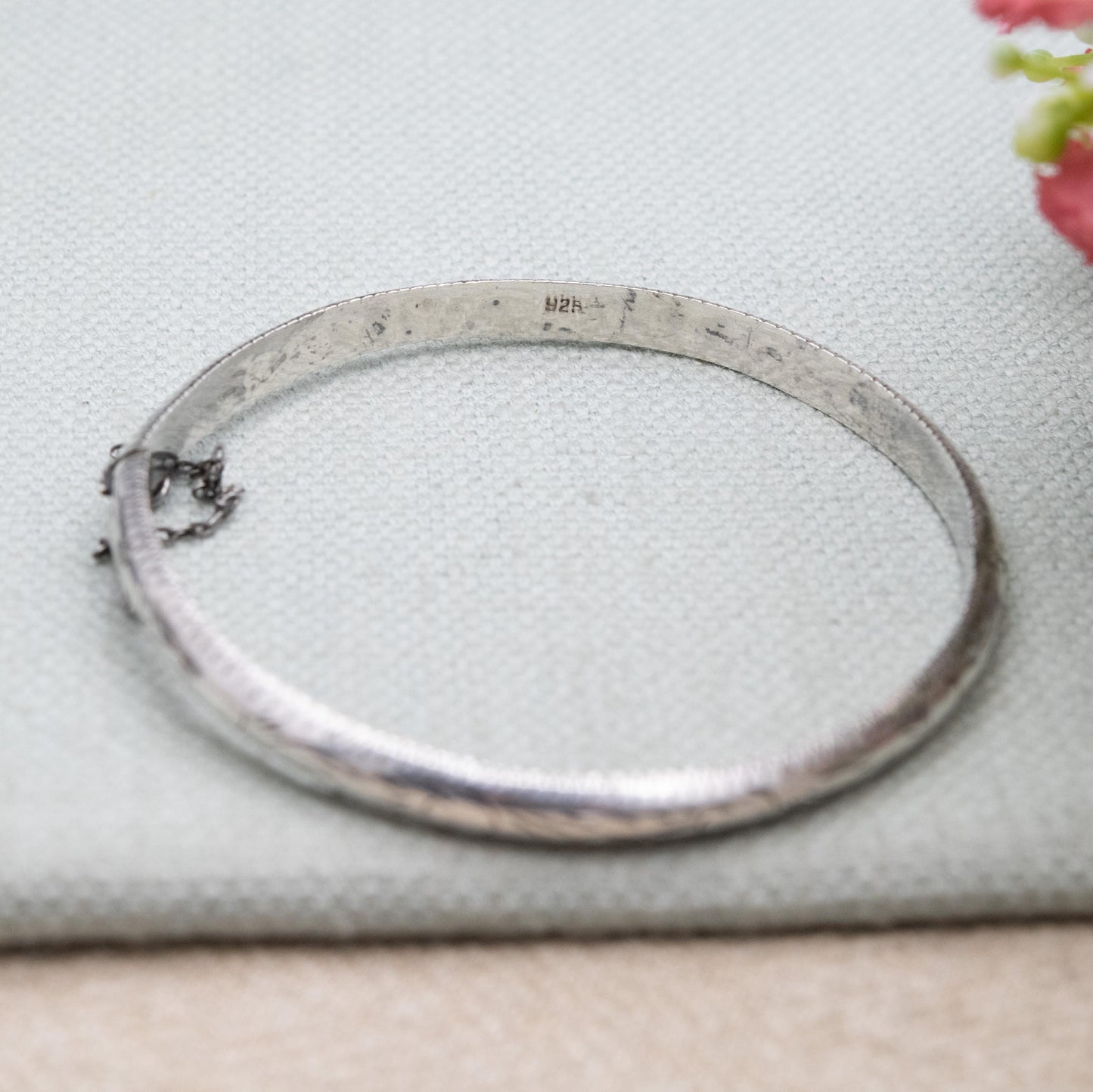 Vintage Sterling Silver Etched Floral Bangle Bracelet - Victorian Aesthetic Scrolling Style with Safety Chain