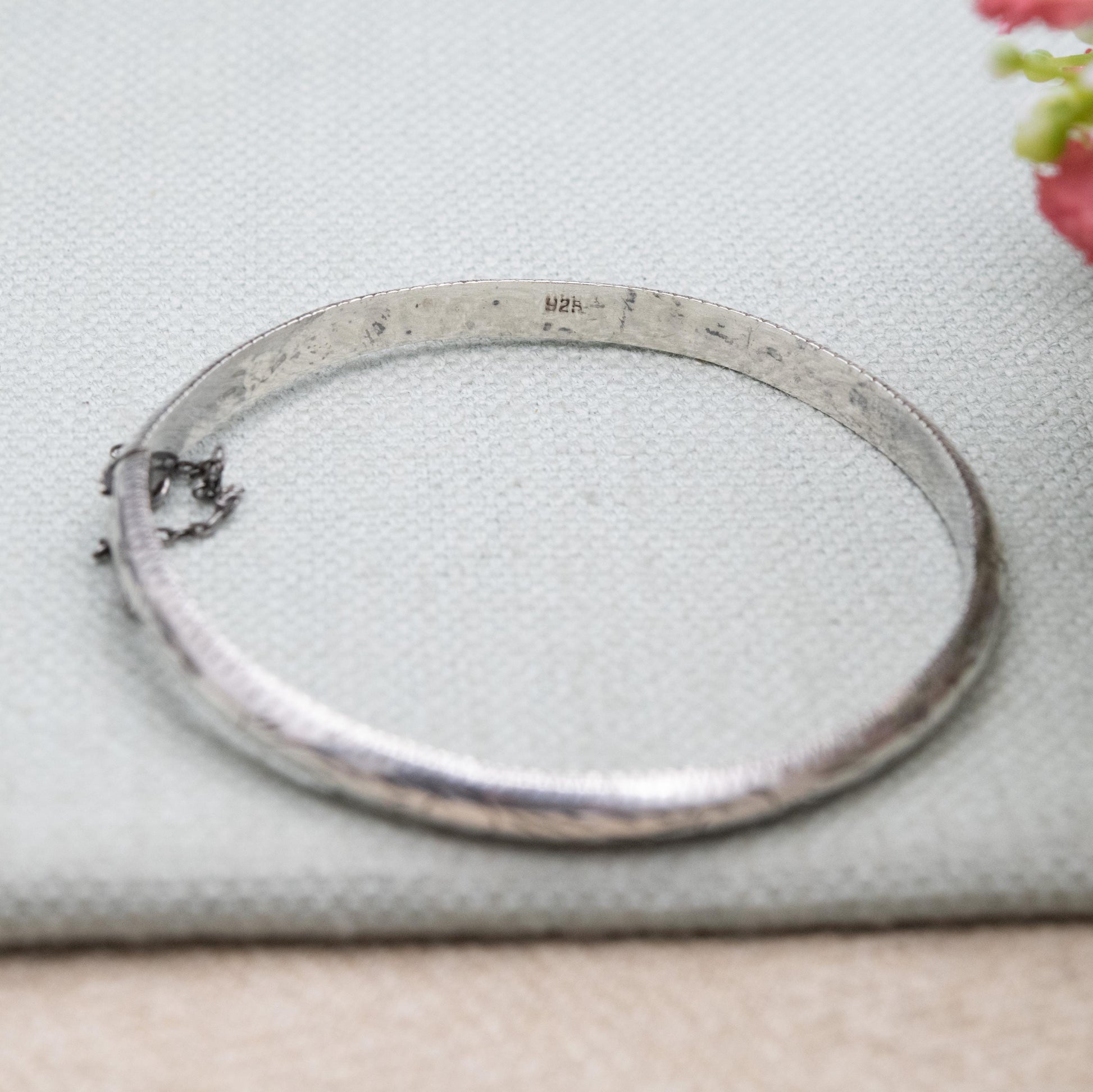 Vintage Sterling Silver Etched Floral Bangle Bracelet - Victorian Aesthetic Scrolling Style with Safety Chain