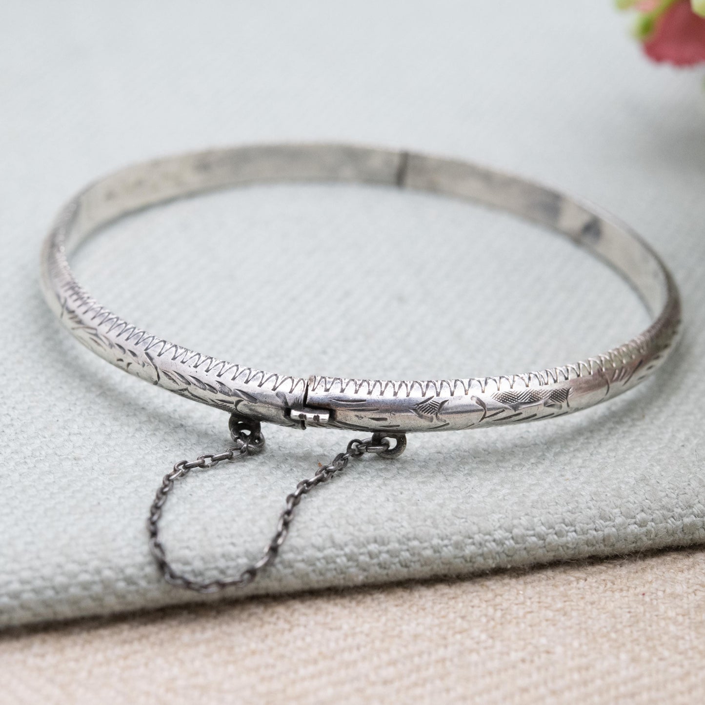 Vintage Sterling Silver Etched Floral Bangle Bracelet - Victorian Aesthetic Scrolling Style with Safety Chain