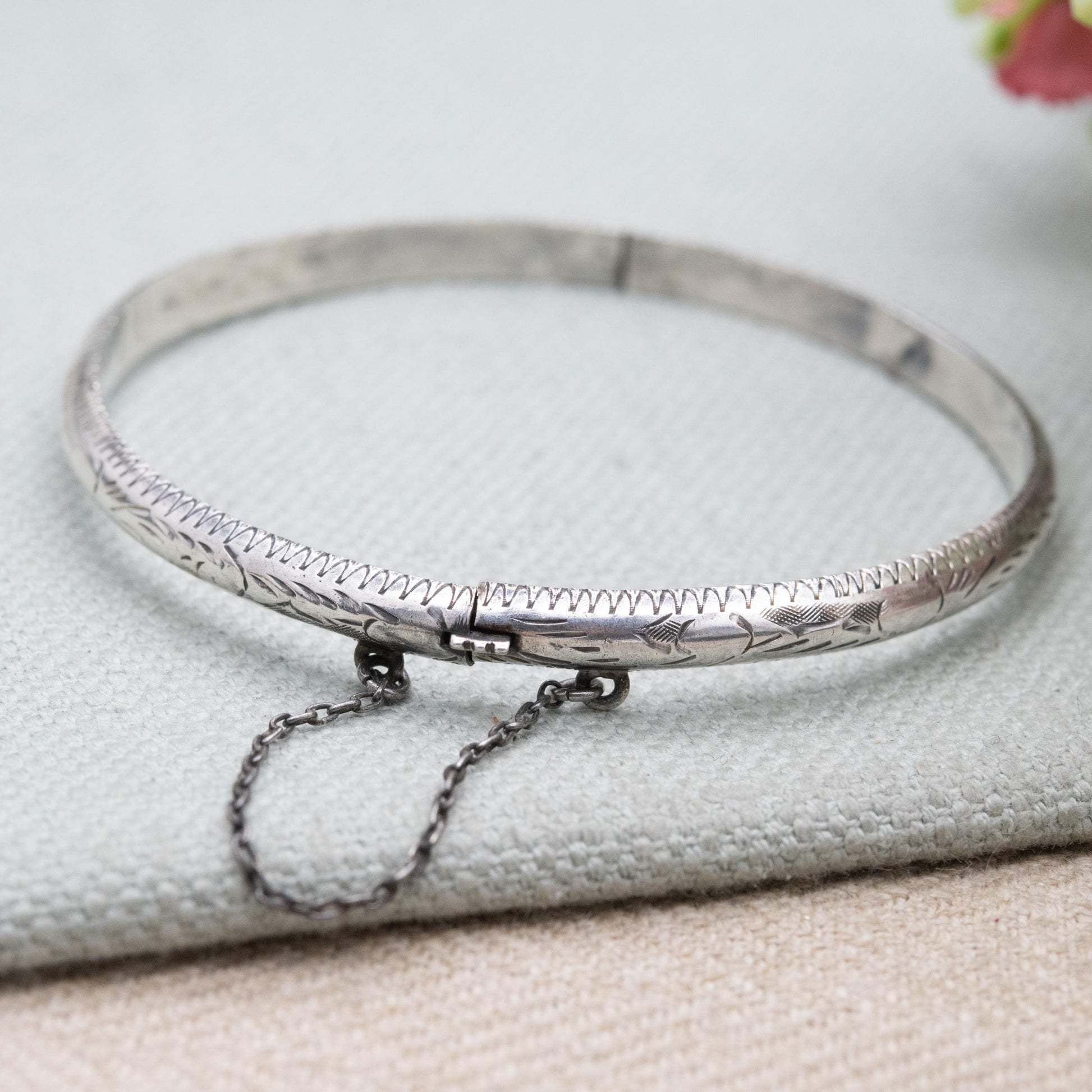 Vintage Sterling Silver Etched Floral Bangle Bracelet - Victorian Aesthetic Scrolling Style with Safety Chain
