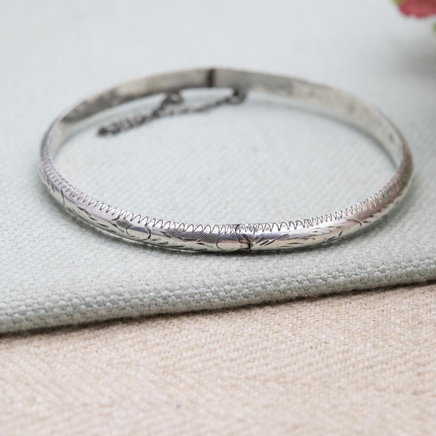 Vintage Sterling Silver Etched Floral Bangle Bracelet - Victorian Aesthetic Scrolling Style with Safety Chain