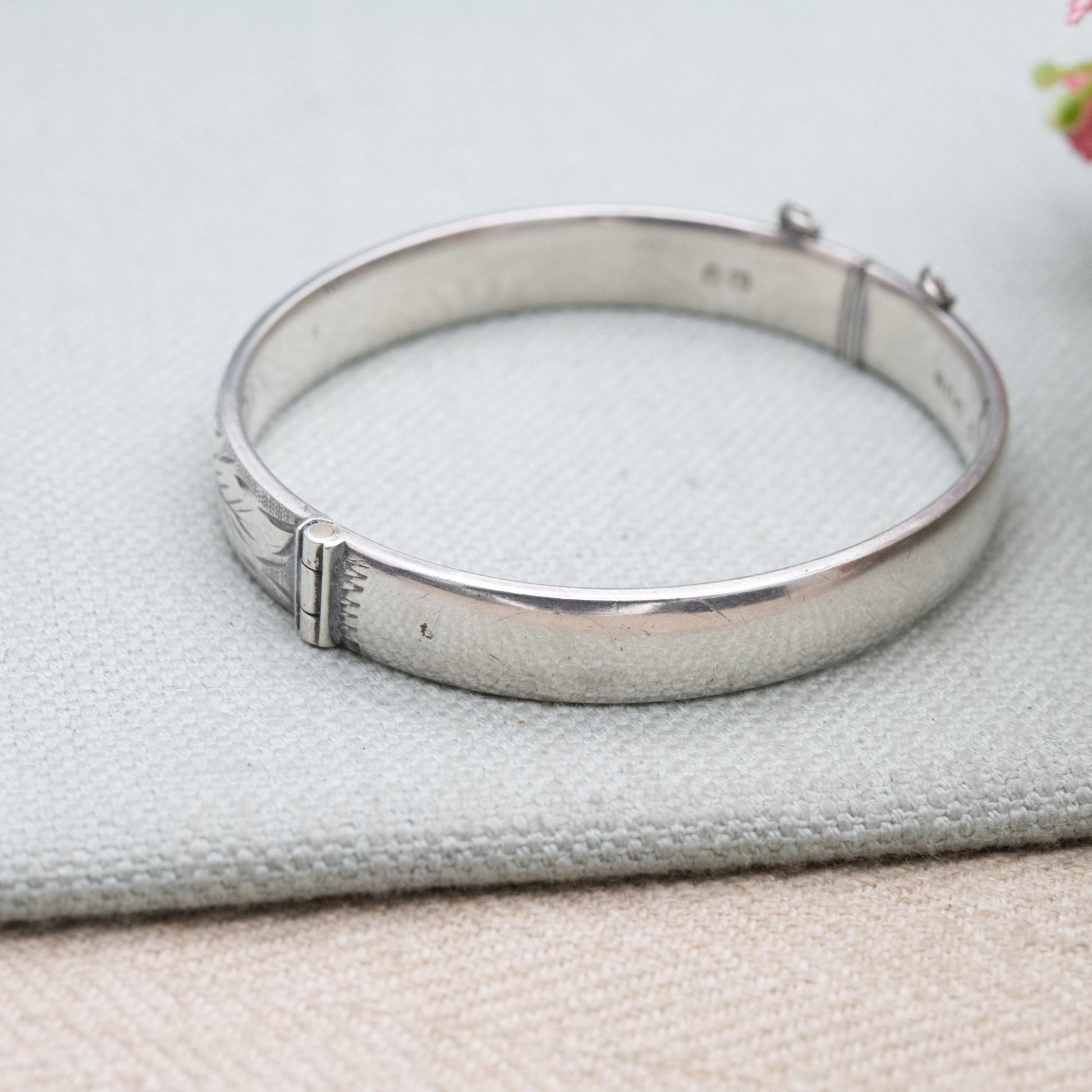 Vintage Fred Manshaw Sterling Silver Floral Engraved Bangle Bracelet 1967 - Victorian Aesthetic Scrolling Style with Safety Chain