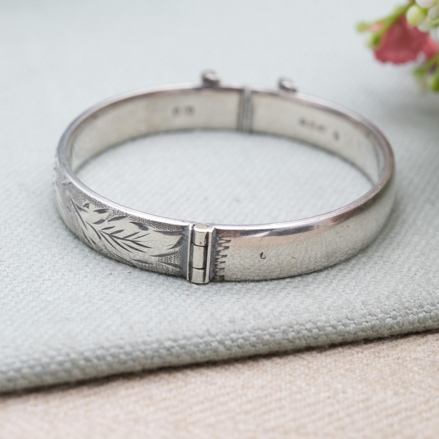 Vintage Fred Manshaw Sterling Silver Floral Engraved Bangle Bracelet 1967 - Victorian Aesthetic Scrolling Style with Safety Chain