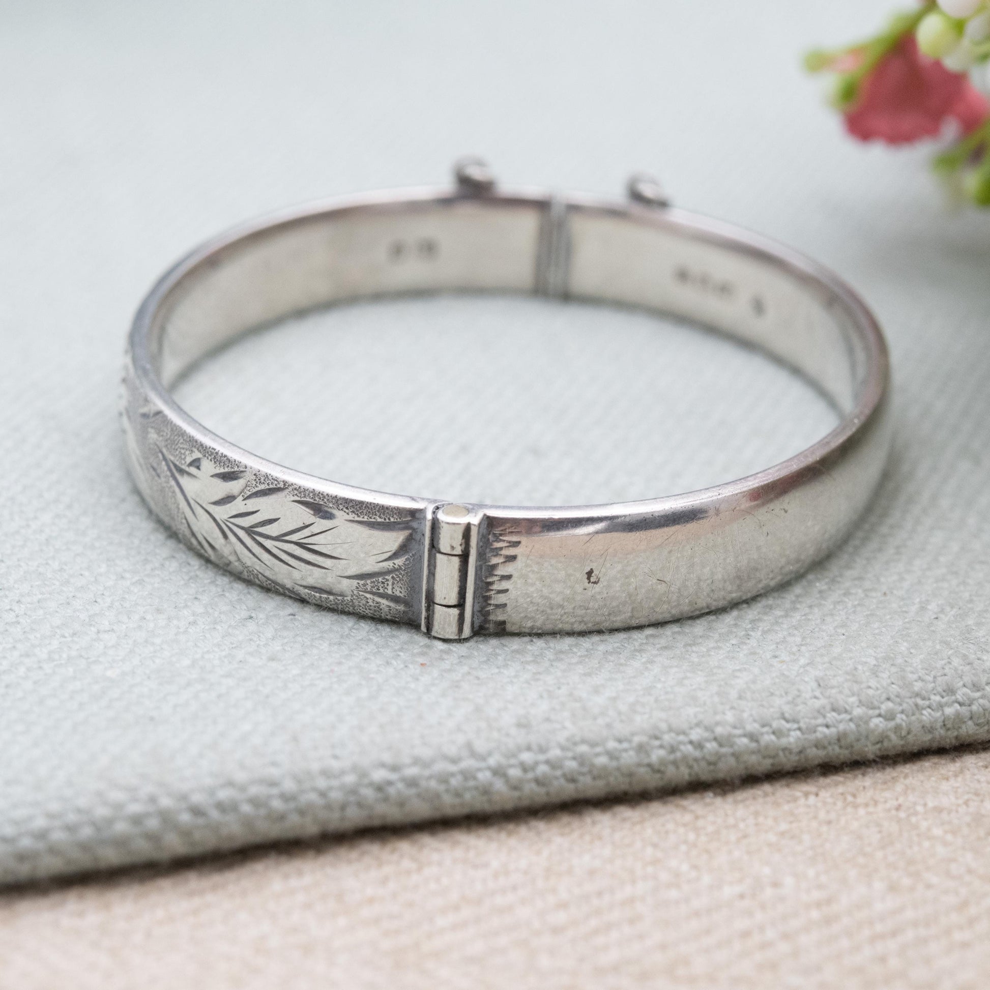 Vintage Fred Manshaw Sterling Silver Floral Engraved Bangle Bracelet 1967 - Victorian Aesthetic Scrolling Style with Safety Chain