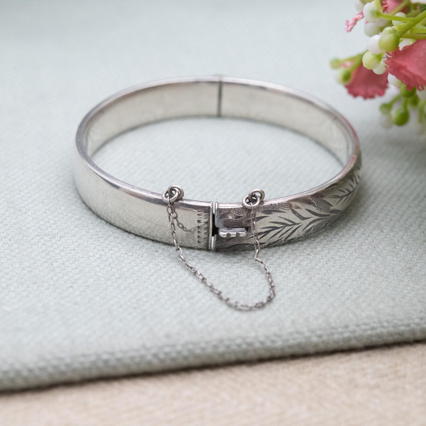 Vintage Fred Manshaw Sterling Silver Floral Engraved Bangle Bracelet 1967 - Victorian Aesthetic Scrolling Style with Safety Chain