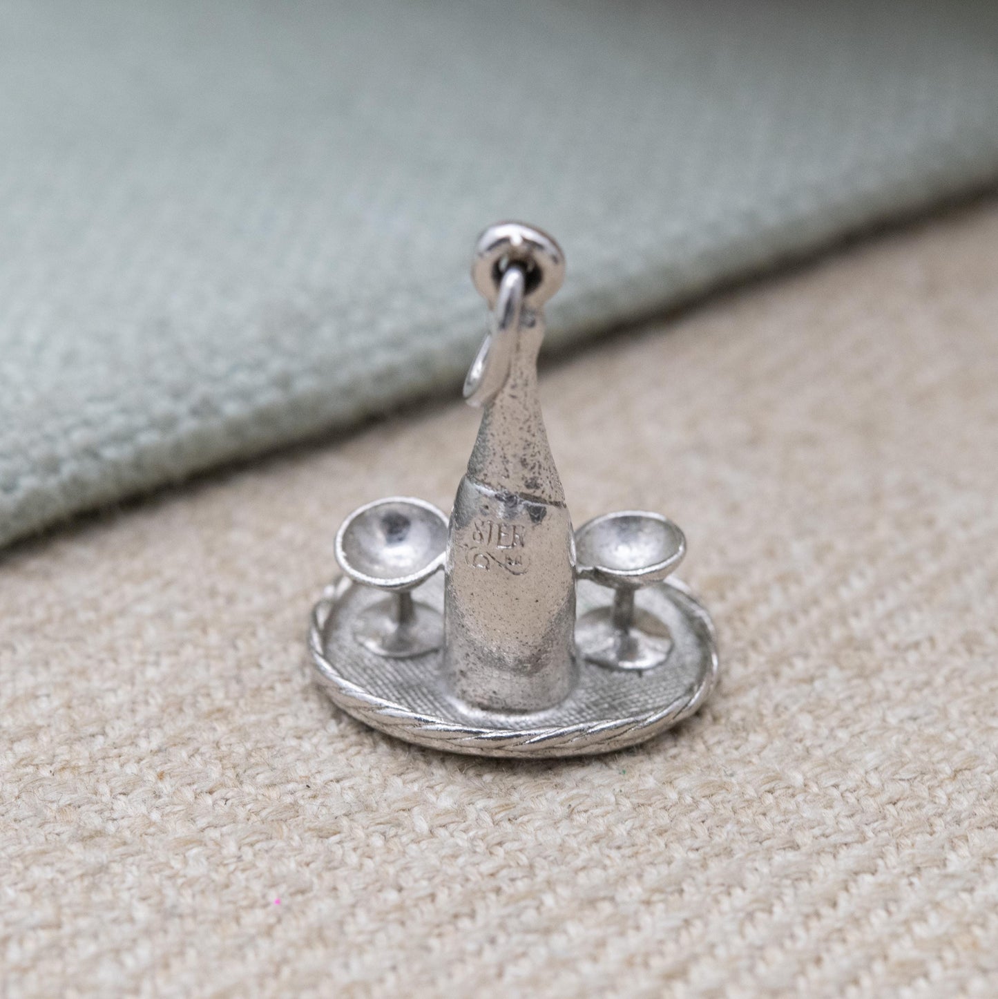 Vintage Sterling Silver Champagne and Goblets Charm Pendant - Detailed and Textured | Souvenir Gift for Charm Bracelet