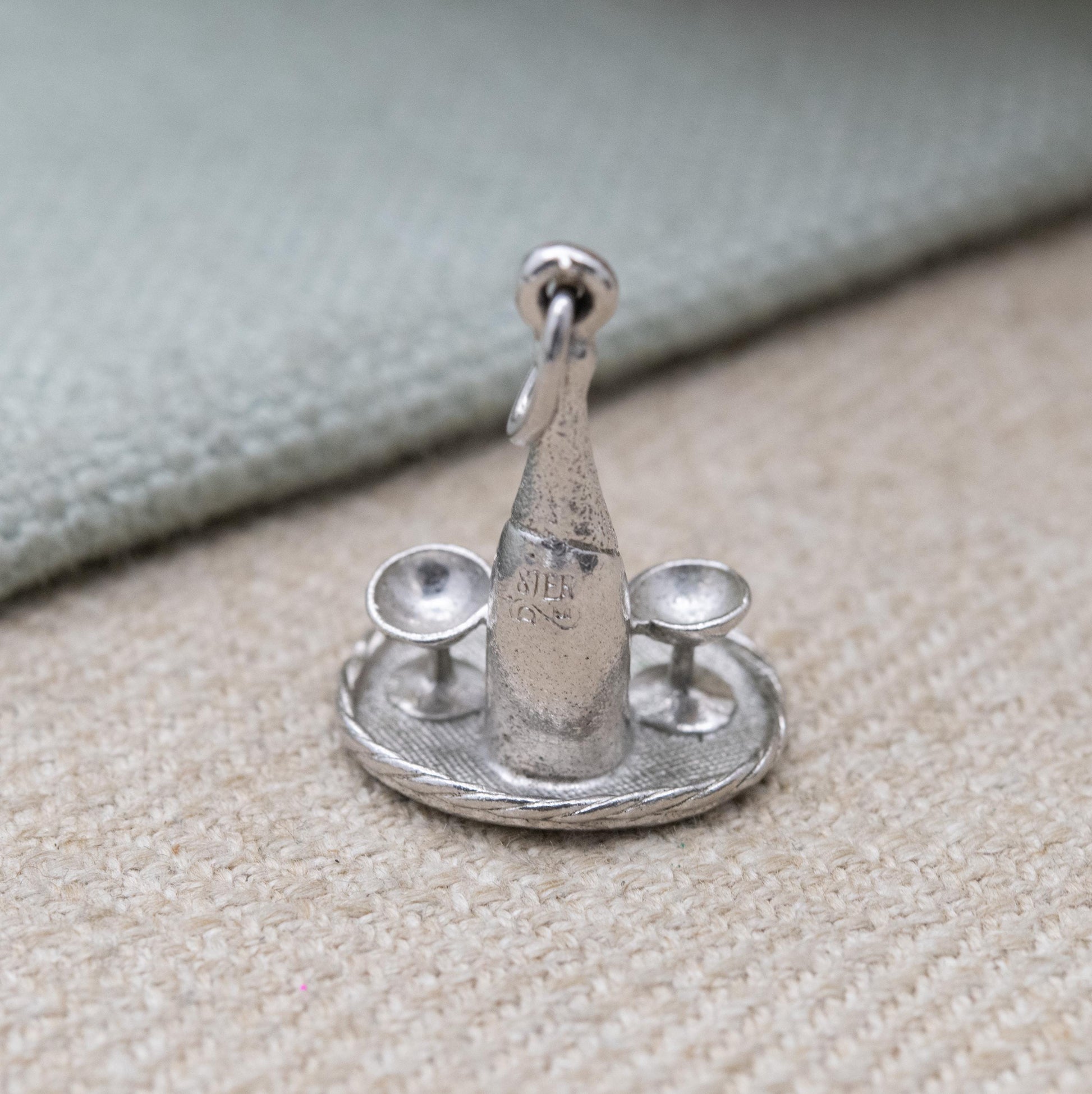 Vintage Sterling Silver Champagne and Goblets Charm Pendant - Detailed and Textured | Souvenir Gift for Charm Bracelet