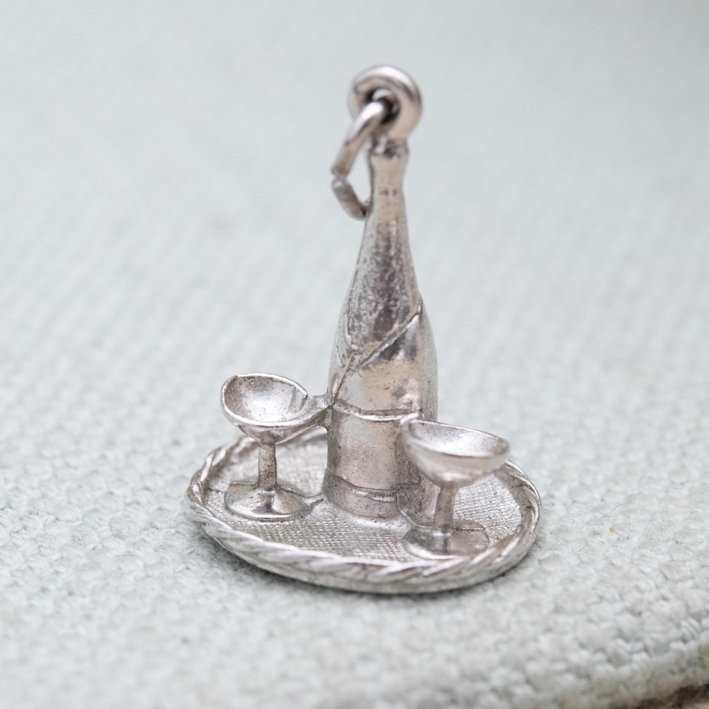 Vintage Sterling Silver Champagne and Goblets Charm Pendant - Detailed and Textured | Souvenir Gift for Charm Bracelet