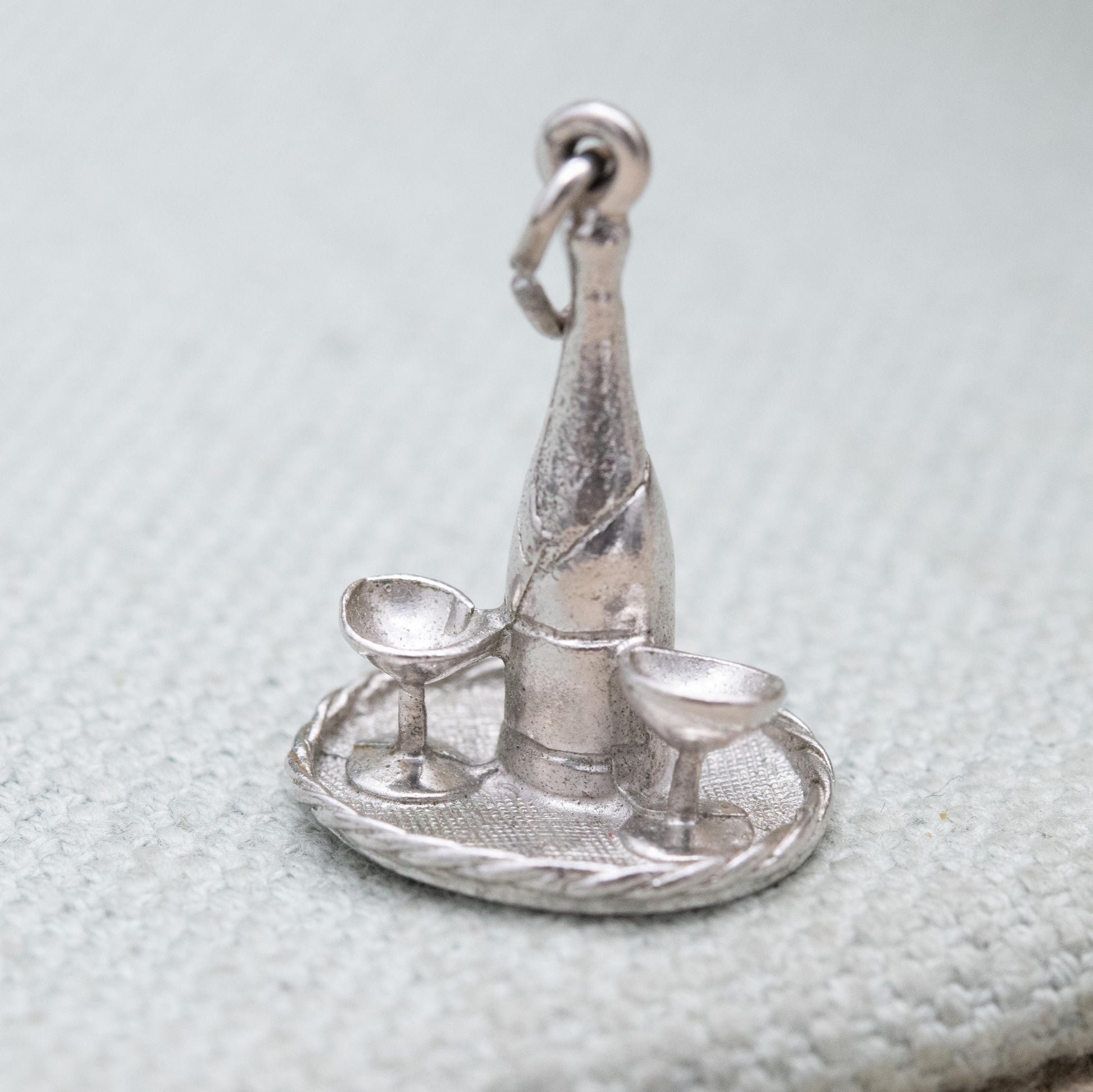 Vintage Sterling Silver Champagne and Goblets Charm Pendant - Detailed and Textured | Souvenir Gift for Charm Bracelet