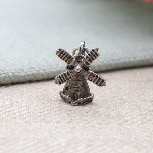 Vintage Sterling Silver Moving Windmill Charm Pendant - Detailed Gift for Charm Bracelet Necklace