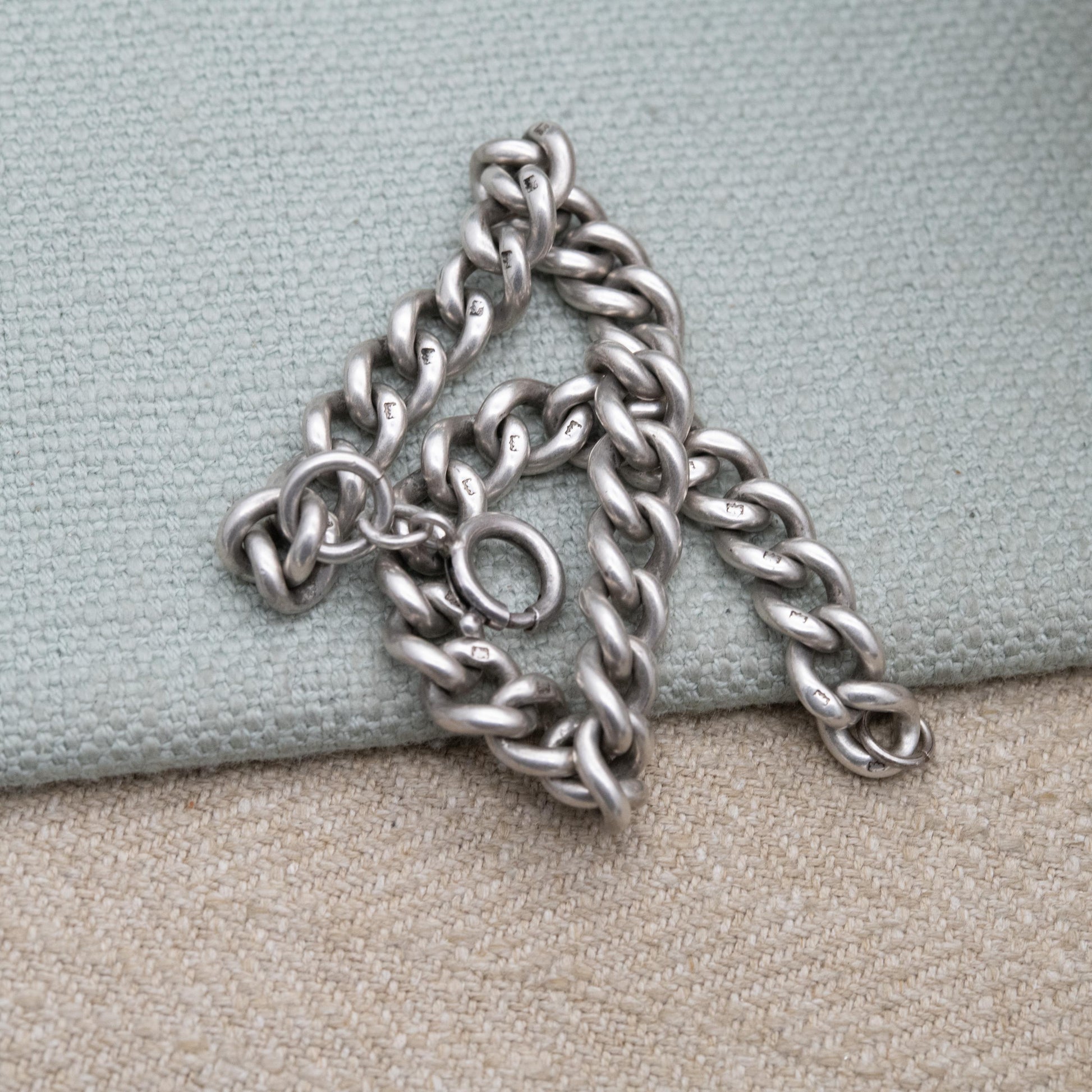 Antique Victorian Sterling Silver Chain Bracelet - Chunky Curb Stamp to Every Link | Empty Charm Bracelet