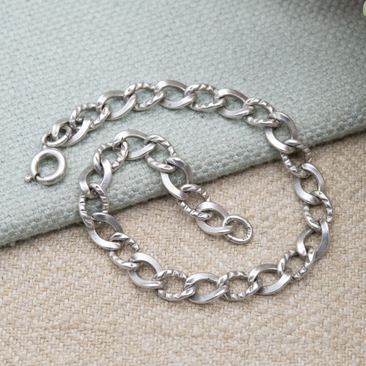 Vintage Sterling Silver Chain Bracelet - Rounded Textured Curb Links