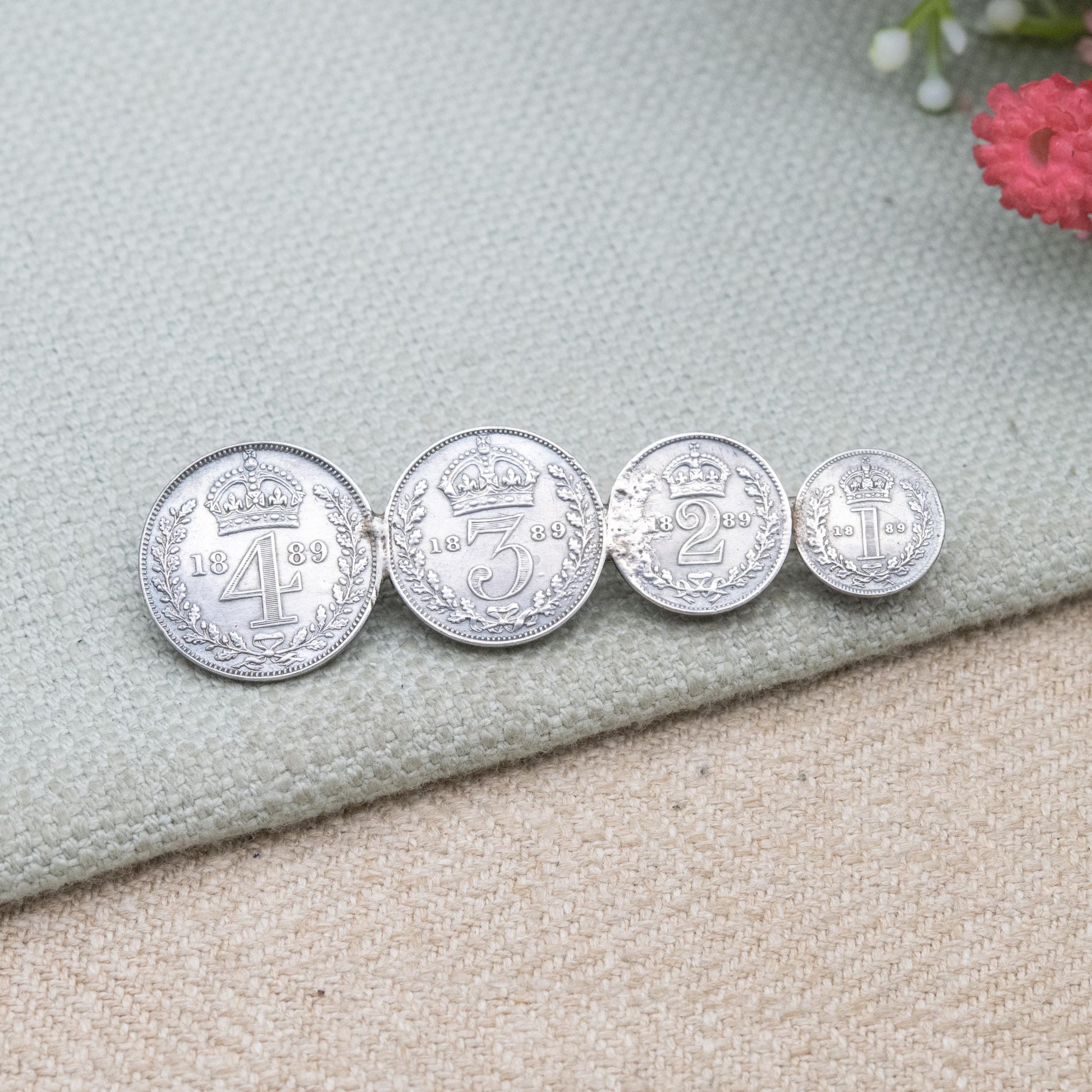 Antique 1889 Victorian Maundy Money Sterling Silver Coin Brooch - Victoria Jubilee Head | Numismatic Jewellery | Long Bar Brooch