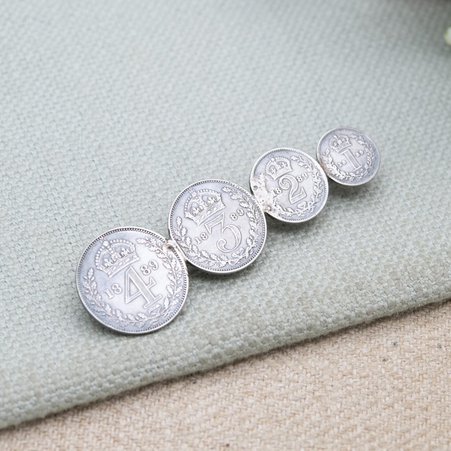 Antique 1889 Victorian Maundy Money Sterling Silver Coin Brooch - Victoria Jubilee Head | Numismatic Jewellery | Long Bar Brooch