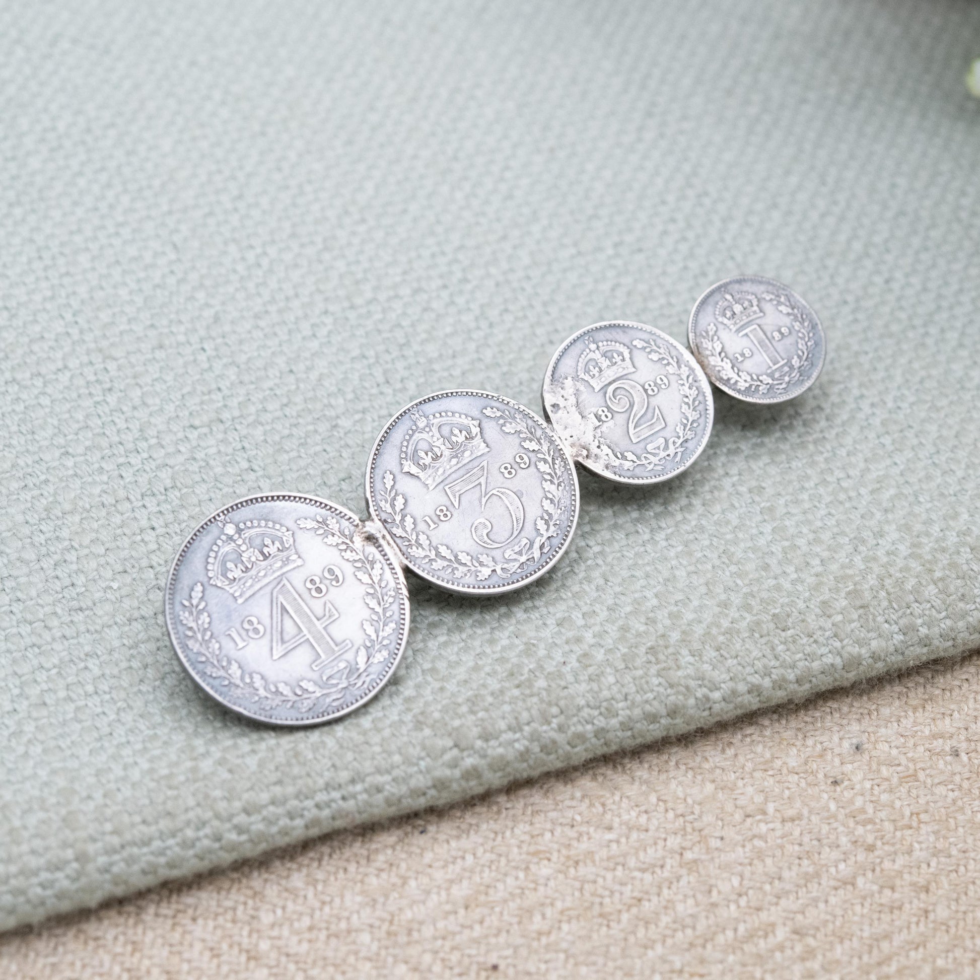 Antique 1889 Victorian Maundy Money Sterling Silver Coin Brooch - Victoria Jubilee Head | Numismatic Jewellery | Long Bar Brooch