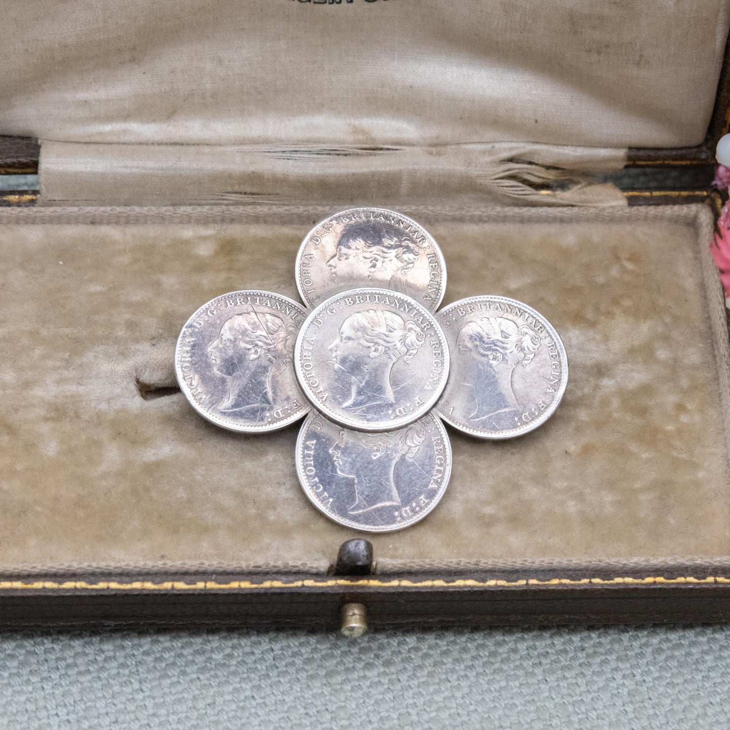 Antique Sterling Silver Victorian Threepence Coin Brooch - 1886 Victoria Young Head Matching Coins | Numismatic Jewellery