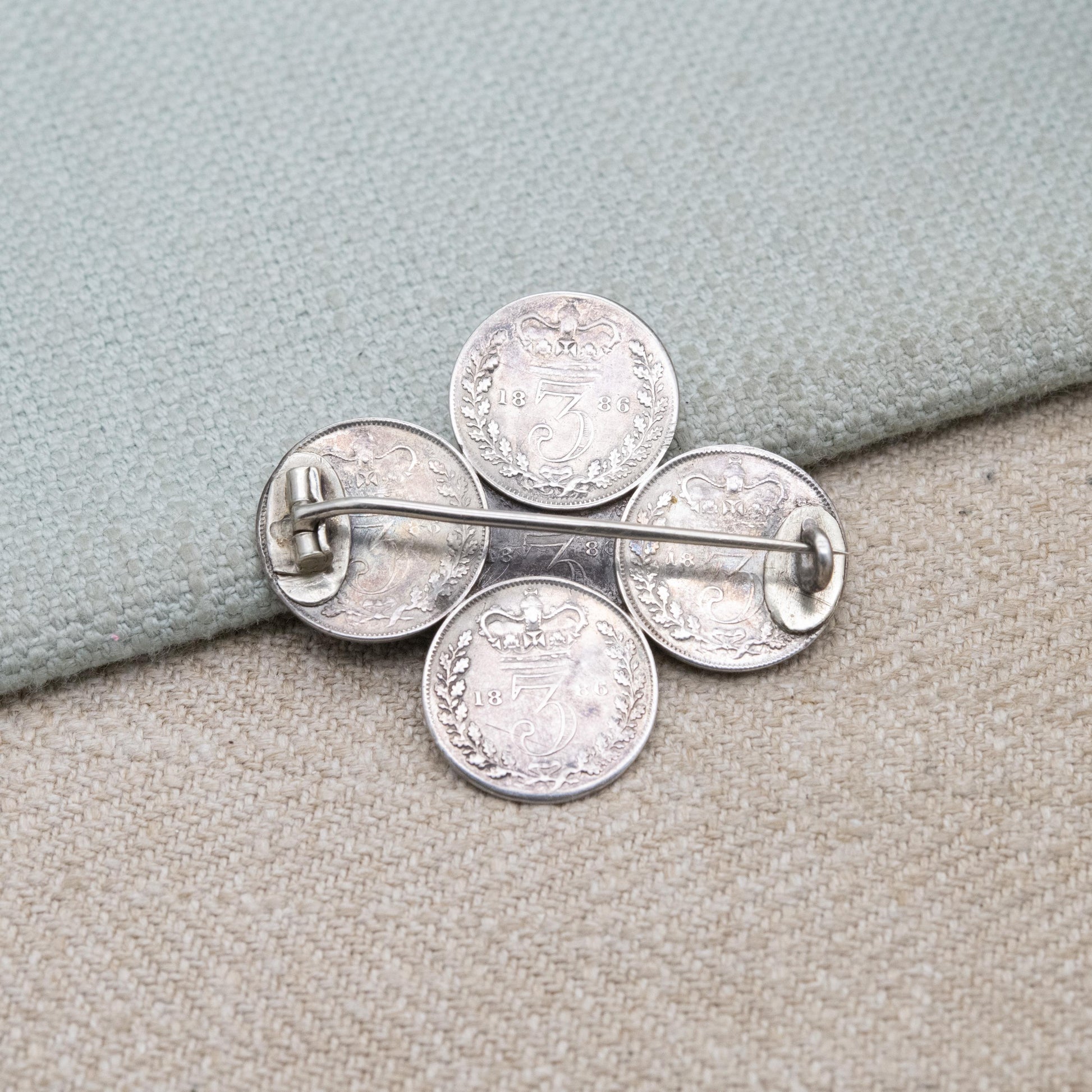 Antique Sterling Silver Victorian Threepence Coin Brooch - 1886 Victoria Young Head Matching Coins | Numismatic Jewellery