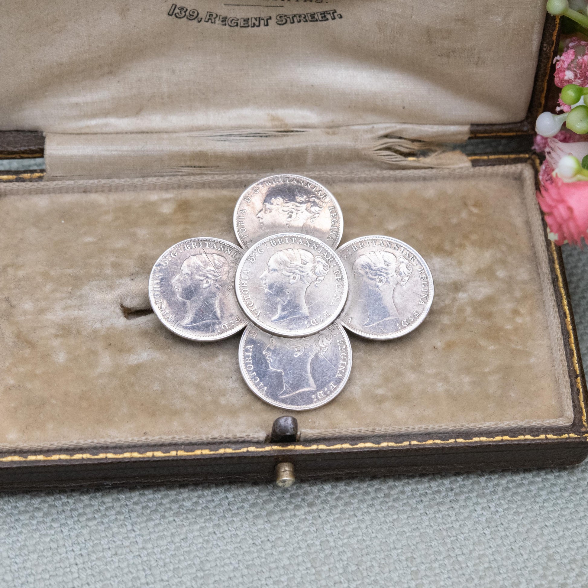 Antique Sterling Silver Victorian Threepence Coin Brooch - 1886 Victoria Young Head Matching Coins | Numismatic Jewellery