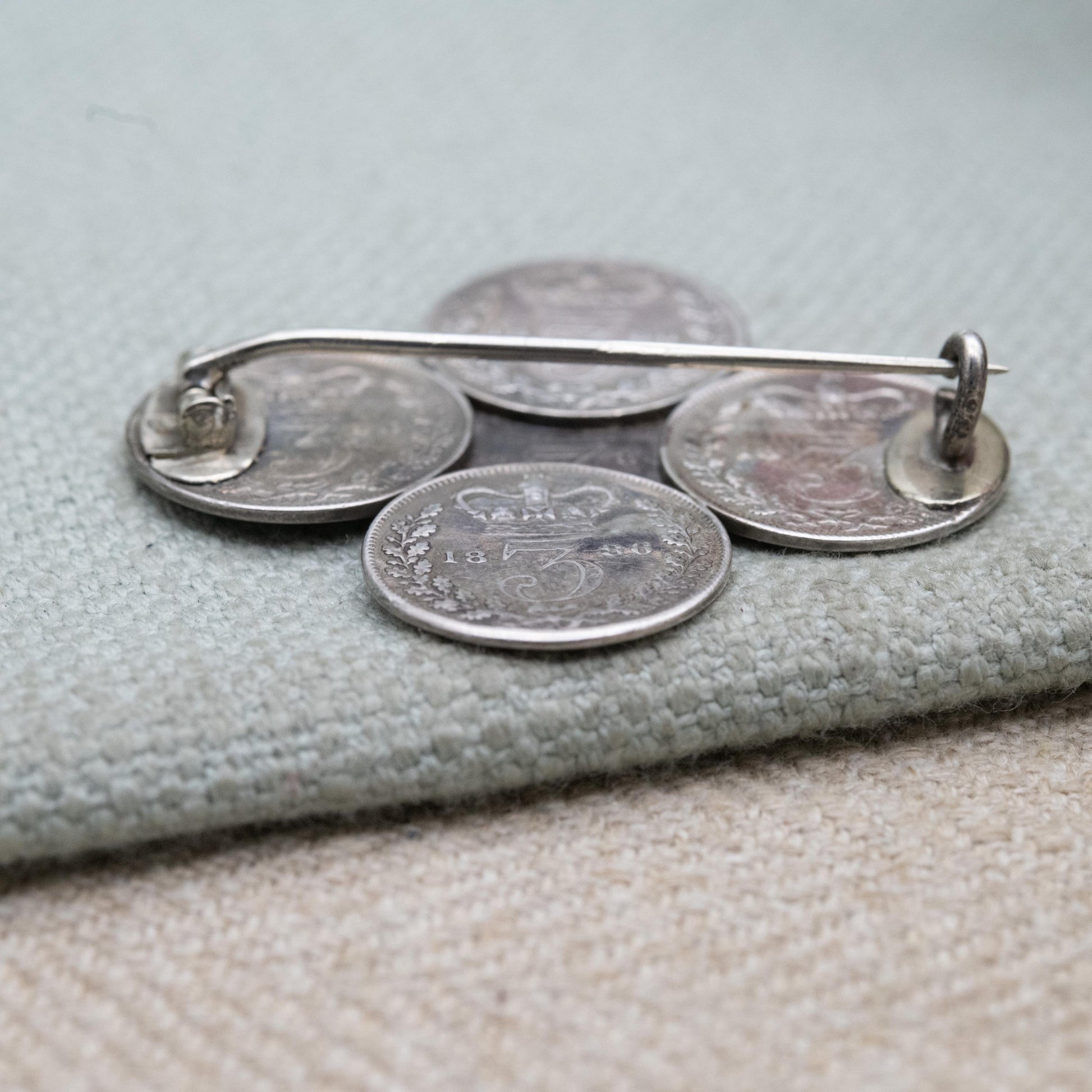 Antique Sterling Silver Victorian Threepence Coin Brooch - 1886 Victoria Young Head Matching Coins | Numismatic Jewellery