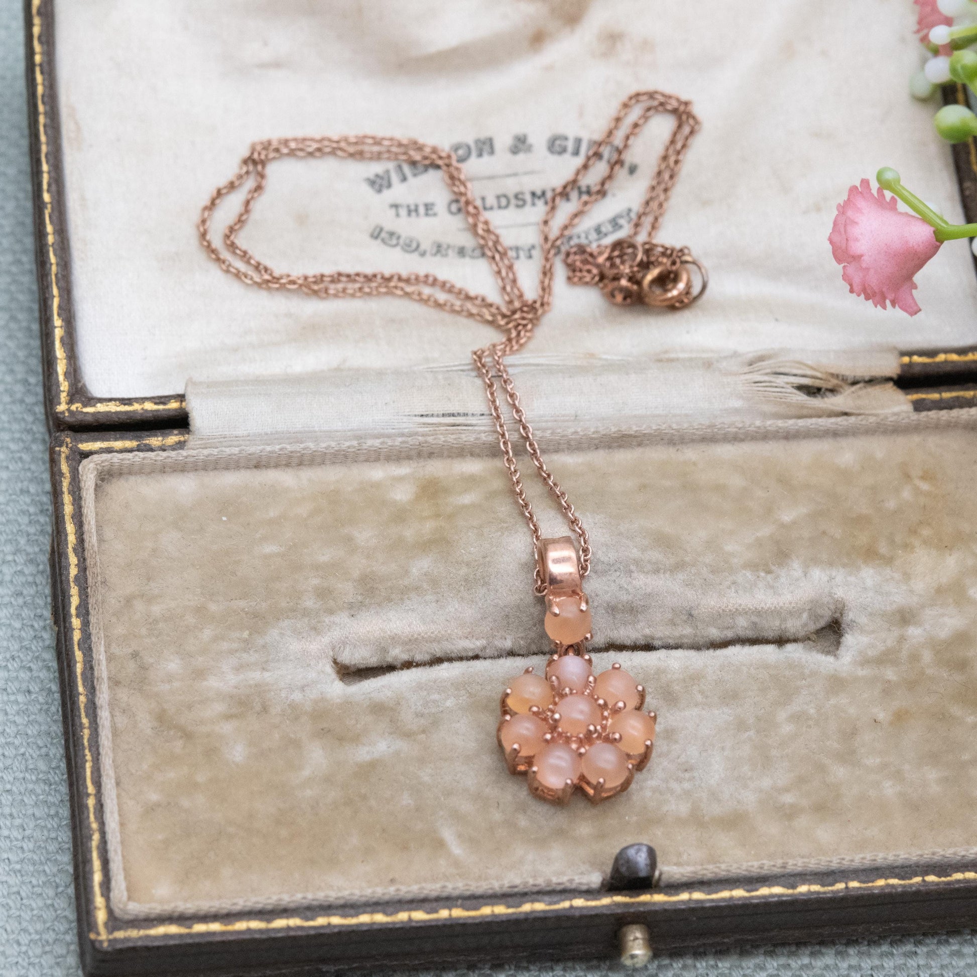 TGGC Rose Gold Plated Sterling Silver Peach Moonstone Daisy Pendant Necklace