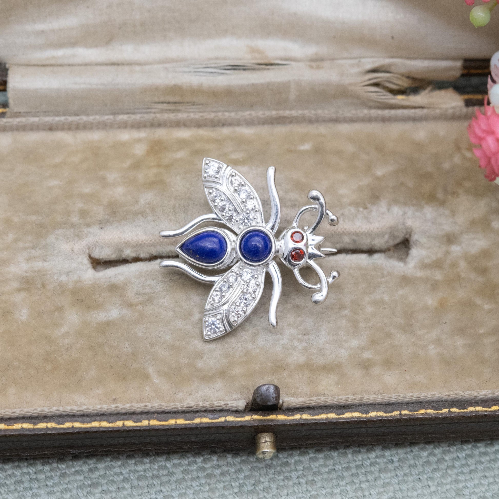 Sterling Silver Lapis Lazuli Bug Brooch with Garnet Eyes - Collectable Gemstone Insect Jewellery Gift for Her