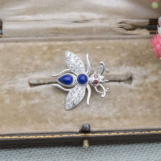 Sterling Silver Lapis Lazuli Bug Brooch with Garnet Eyes - Collectable Gemstone Insect Jewellery Gift for Her