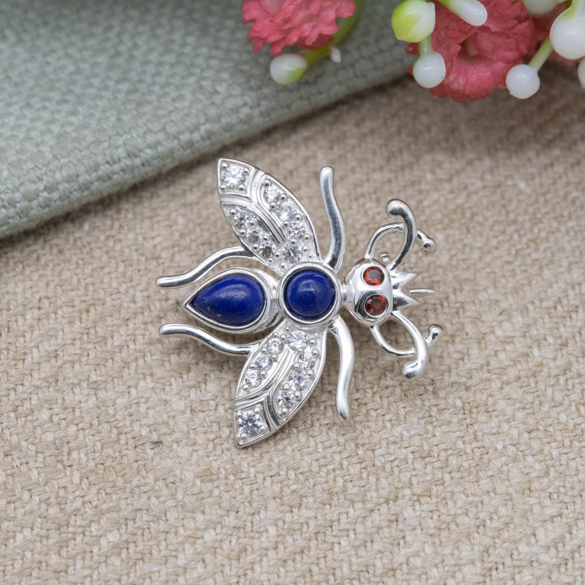 Sterling Silver Lapis Lazuli Bug Brooch with Garnet Eyes - Collectable Gemstone Insect Jewellery Gift for Her