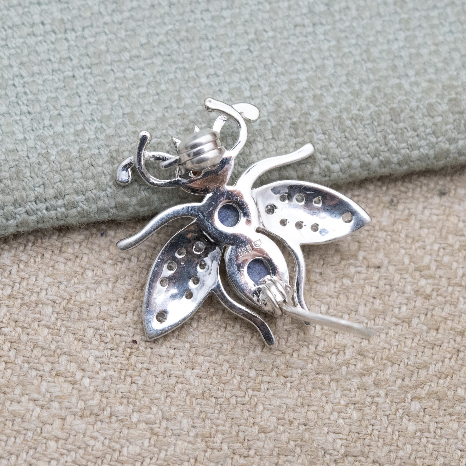 Sterling Silver Lapis Lazuli Bug Brooch with Garnet Eyes - Collectable Gemstone Insect Jewellery Gift for Her