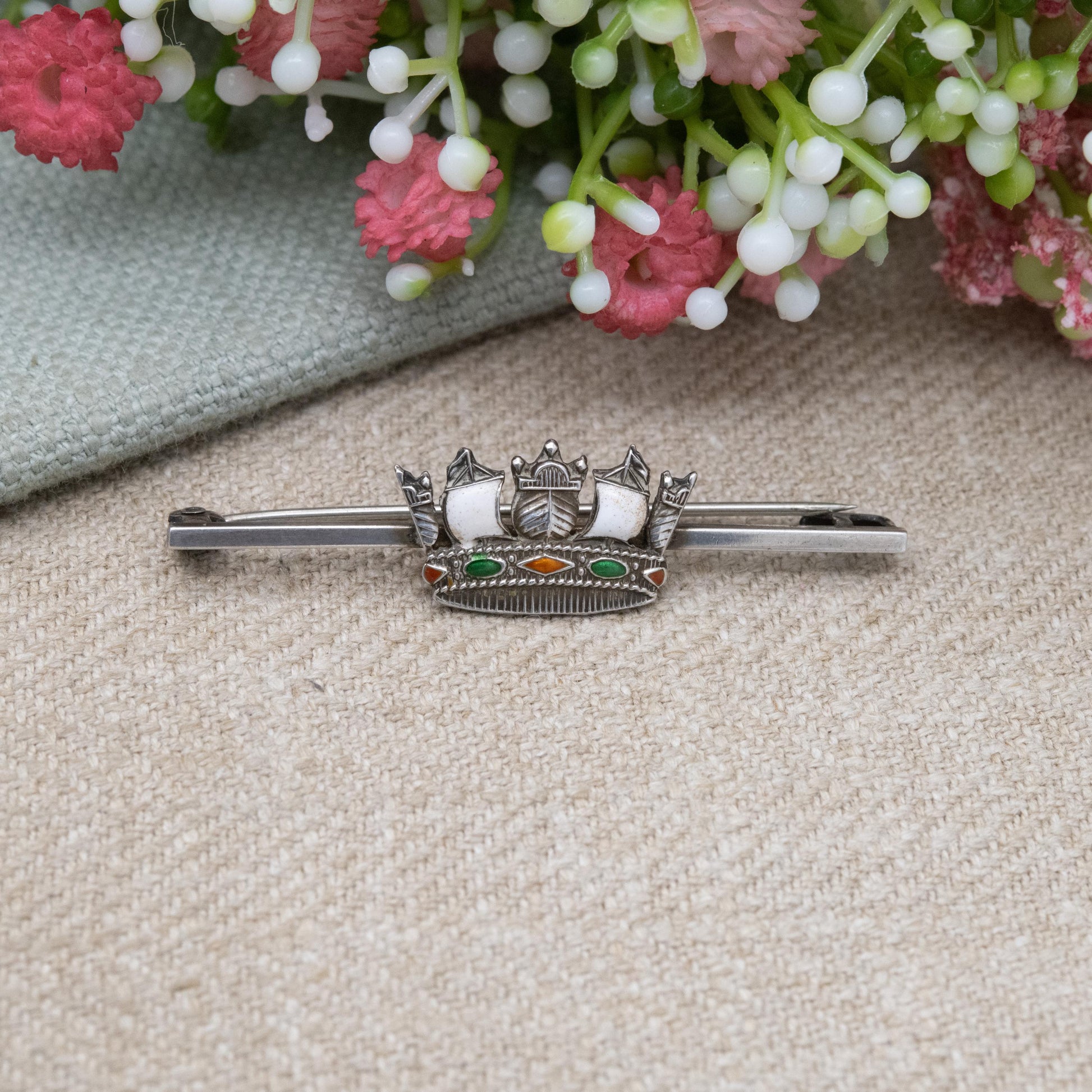 Antique Sterling Silver Enamel Royal Navy Crown Bar Brooch - Military Memorabilia | Collectable Jewellery