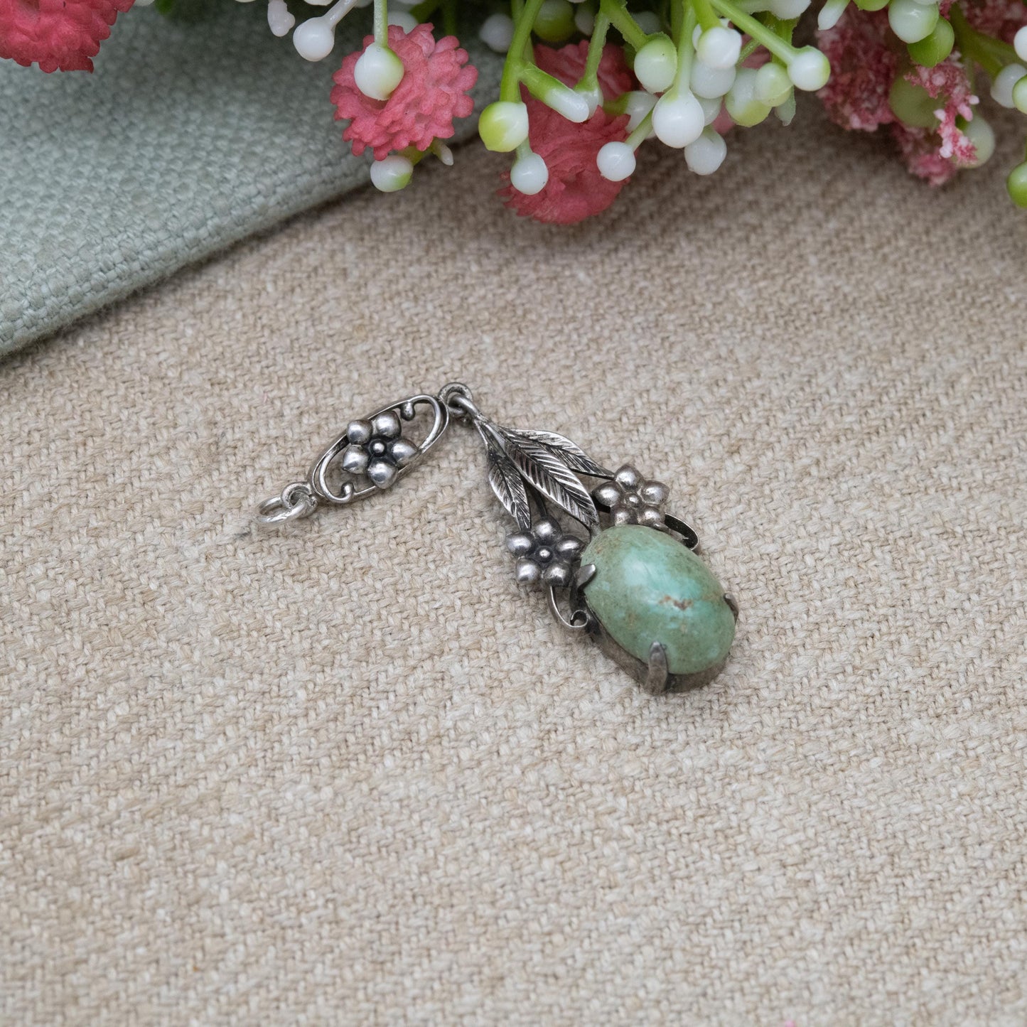 Antique Arts and Crafts Silver Flower Pendant with Green Cabochon Stone c. 1910s