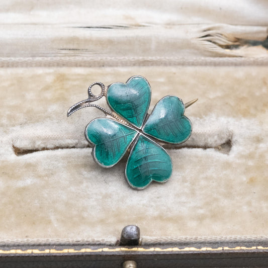 Antique Ward Brothers Sterling Silver Green Enamel Four Leaf Clover Brooch - Celtic Lucky Clover | Irish Floral Jewellery Gift