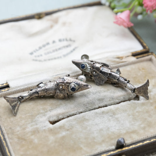 Vintage Silver Articulated Fish Drop Scre Back Earrings - Steampunk Fish Jewellery | Gift for Her