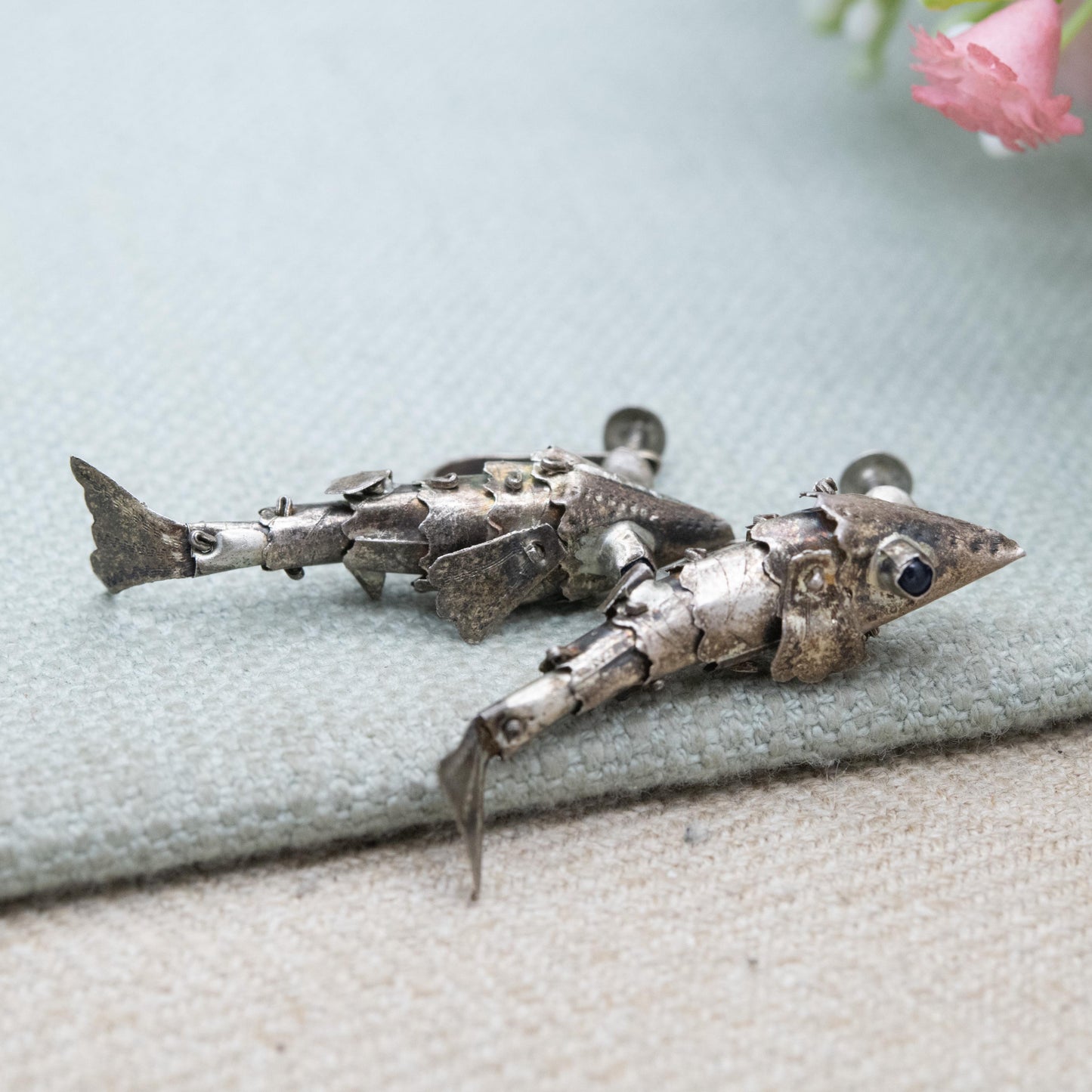 Vintage Silver Articulated Fish Drop Scre Back Earrings - Steampunk Fish Jewellery | Gift for Her