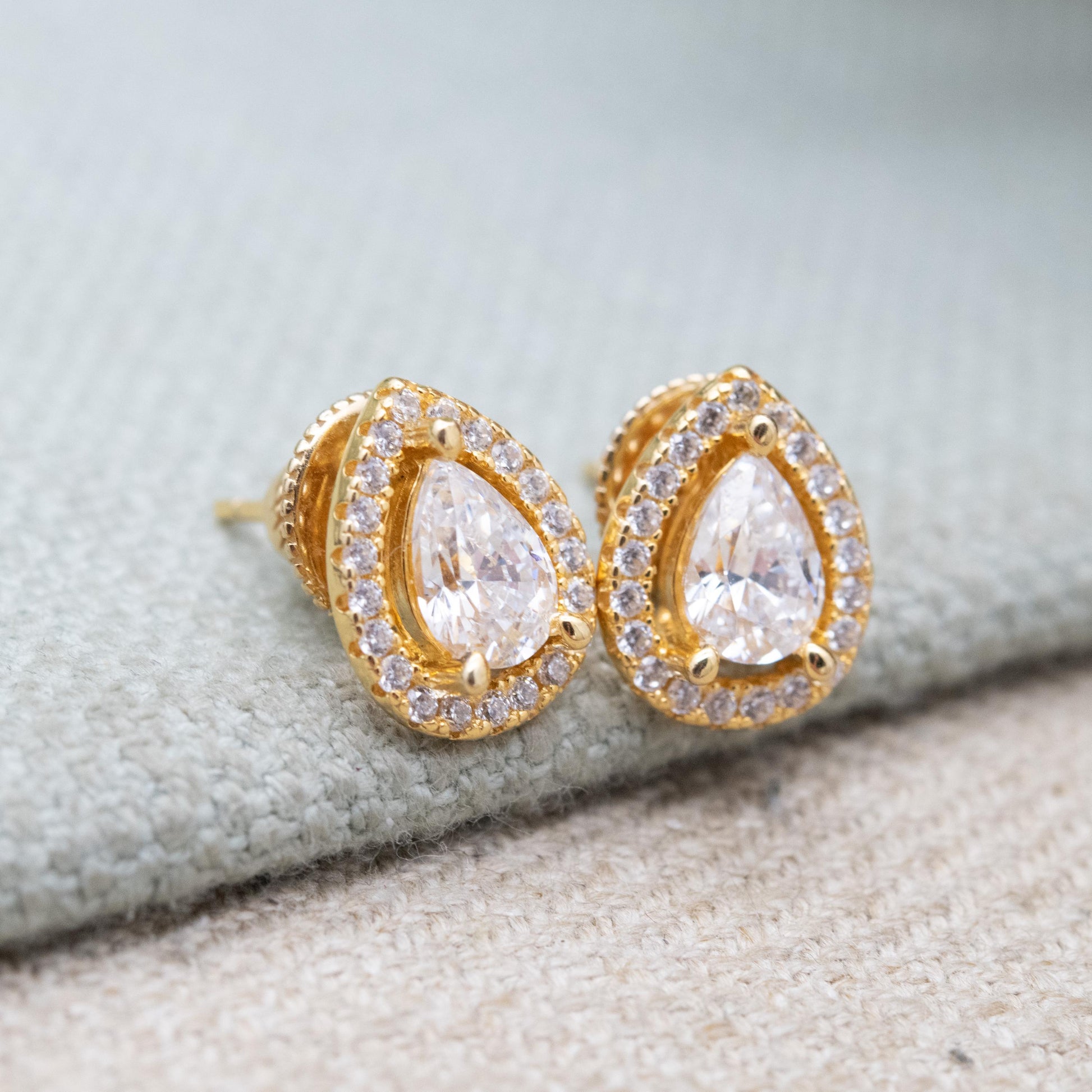 Gold Plated Sterling Silver Clear Stone Tear Drop Stud Earrings - Large Sparkly Pear Cut Solitaire Stone Studs | Gift for Her