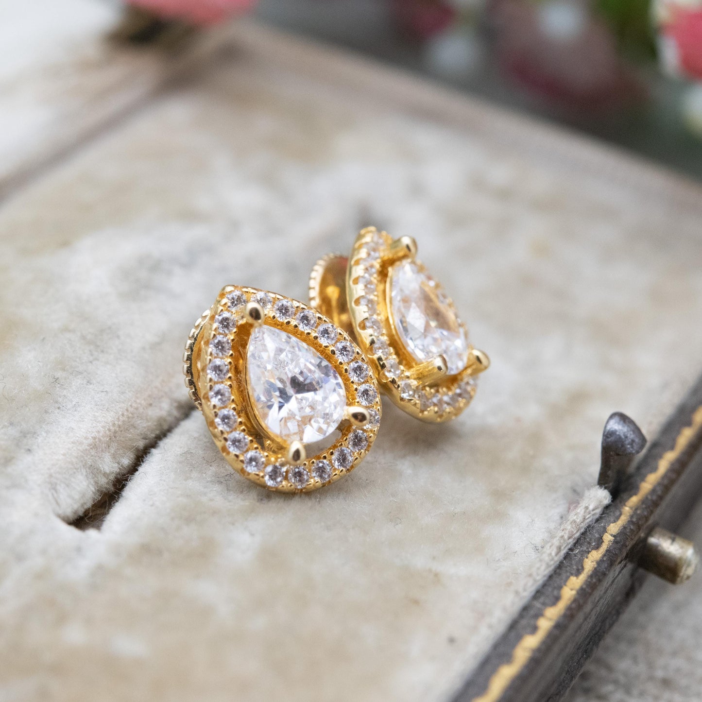 Gold Plated Sterling Silver Clear Stone Tear Drop Stud Earrings - Large Sparkly Pear Cut Solitaire Stone Studs | Gift for Her
