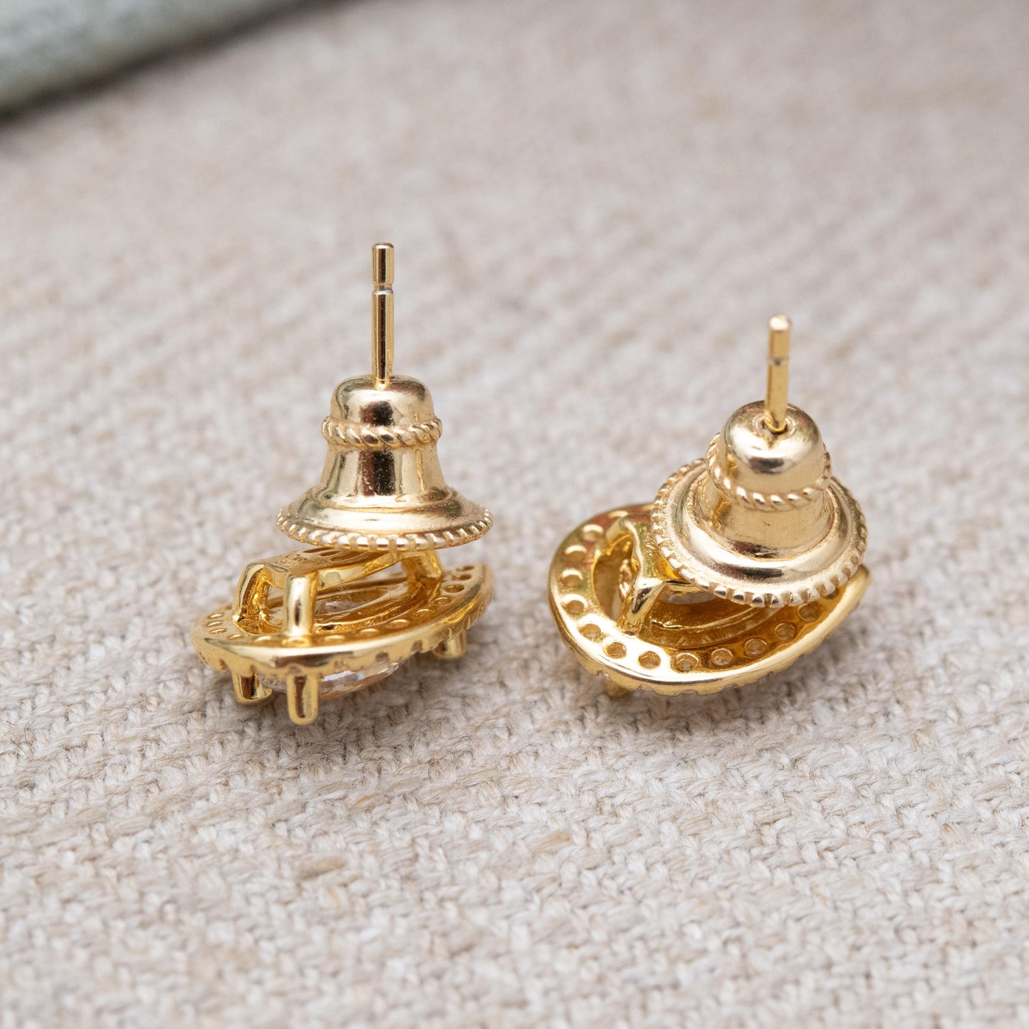 Gold Plated Sterling Silver Clear Stone Tear Drop Stud Earrings - Large Sparkly Pear Cut Solitaire Stone Studs | Gift for Her