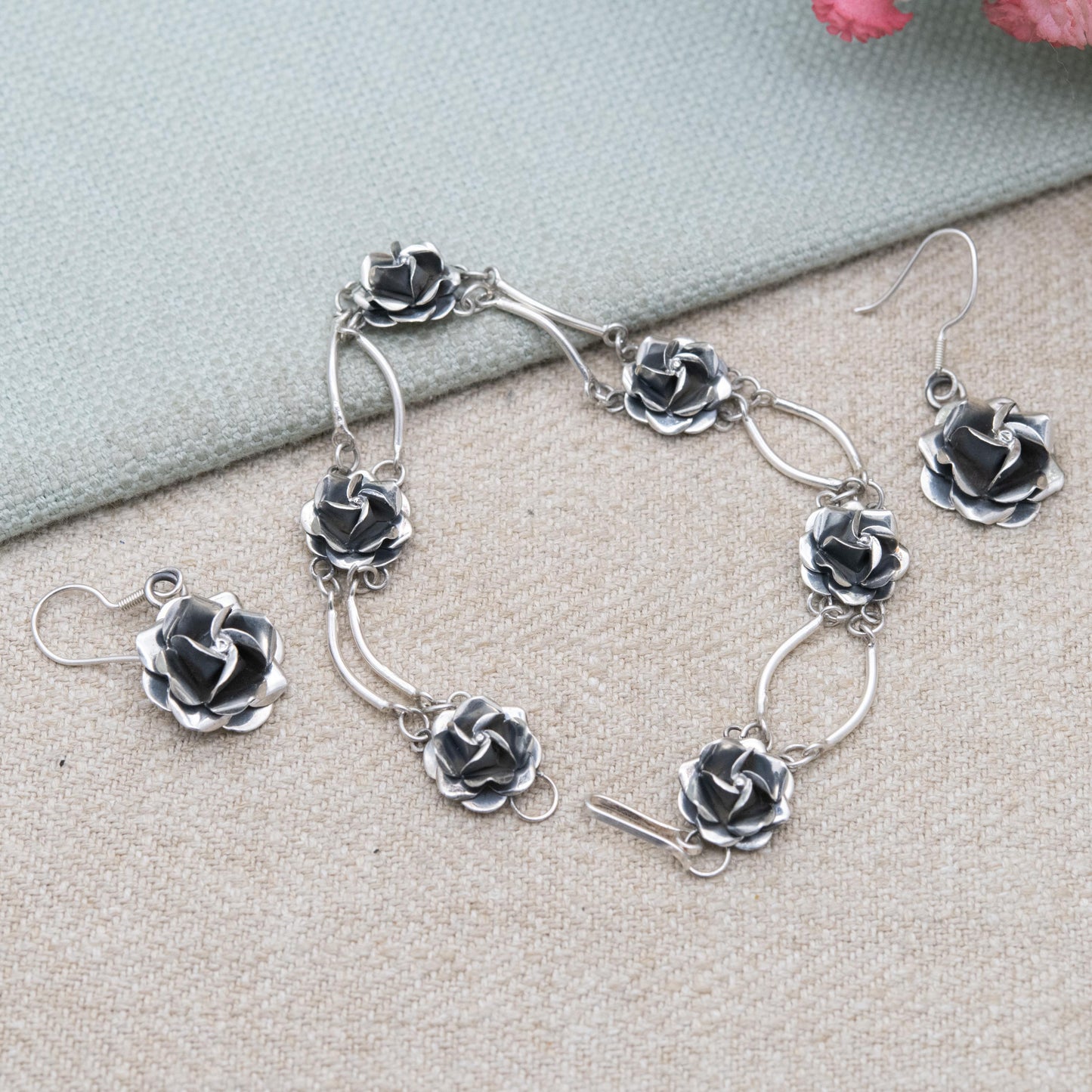 Vintage Mexican Sterling Silver Rose Panel Bracelet and Earring Set c. 1980s