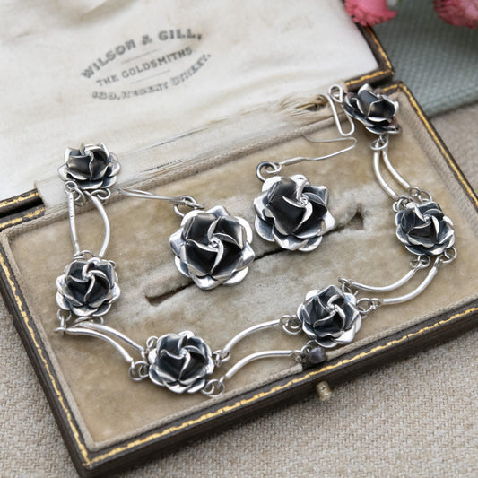 Vintage Mexican Sterling Silver Rose Panel Bracelet and Earring Set c. 1980s