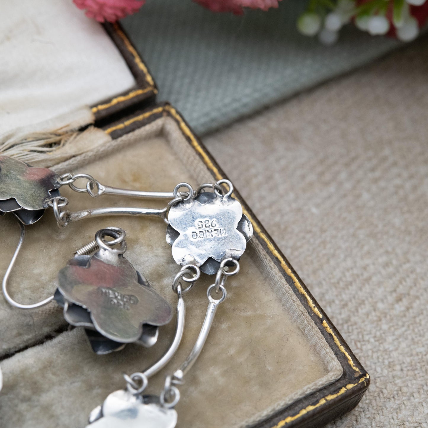 Vintage Mexican Sterling Silver Rose Panel Bracelet and Earring Set c. 1980s