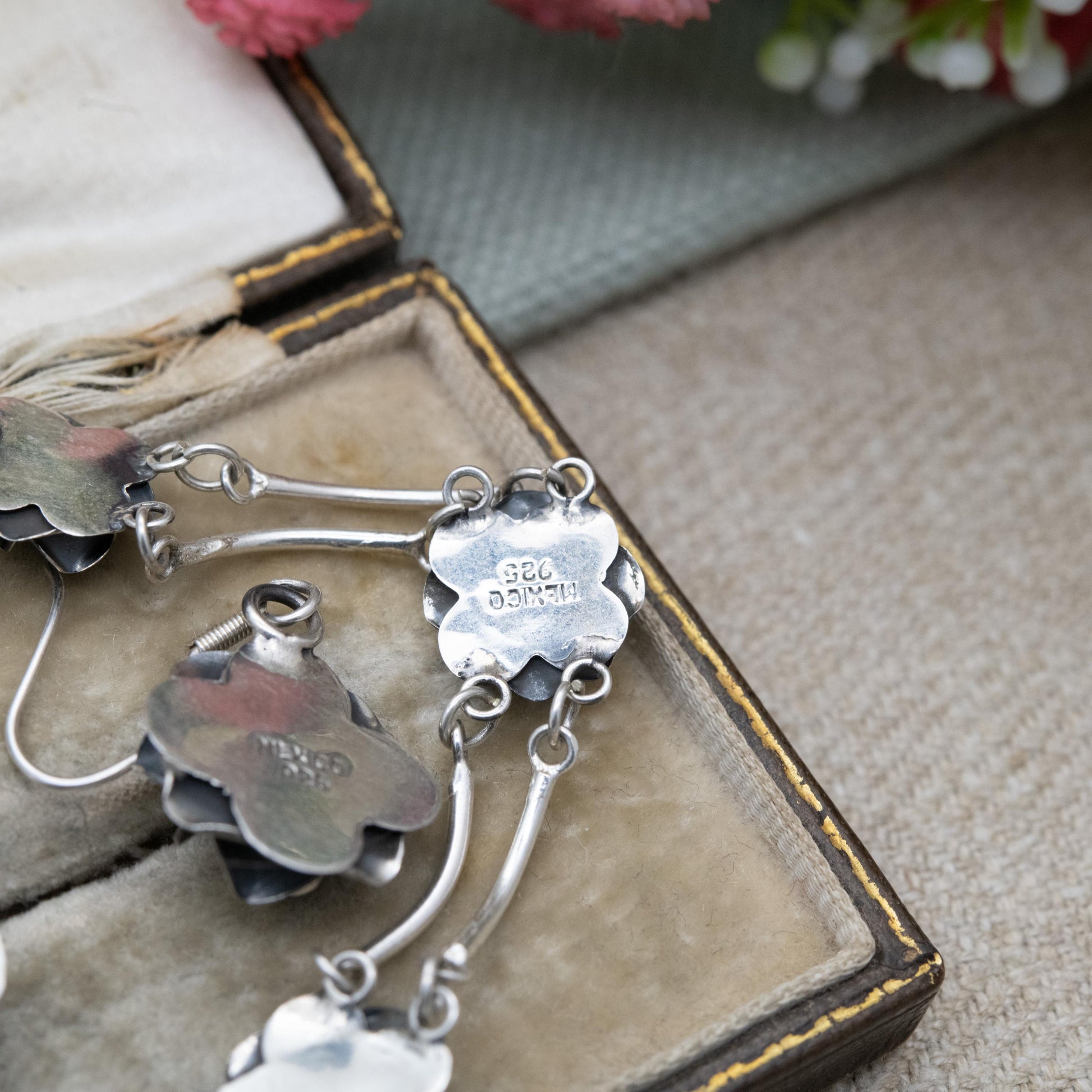 Vintage Mexican Sterling Silver Rose Panel Bracelet and Earring Set c. 1980s