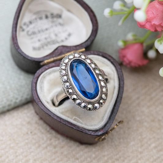 Vintage Sterling Silver Marcasite and Blue Stone Ring - Statement Cocktail Ring | UK Size - O 1/2 | US Size - 7 1/2