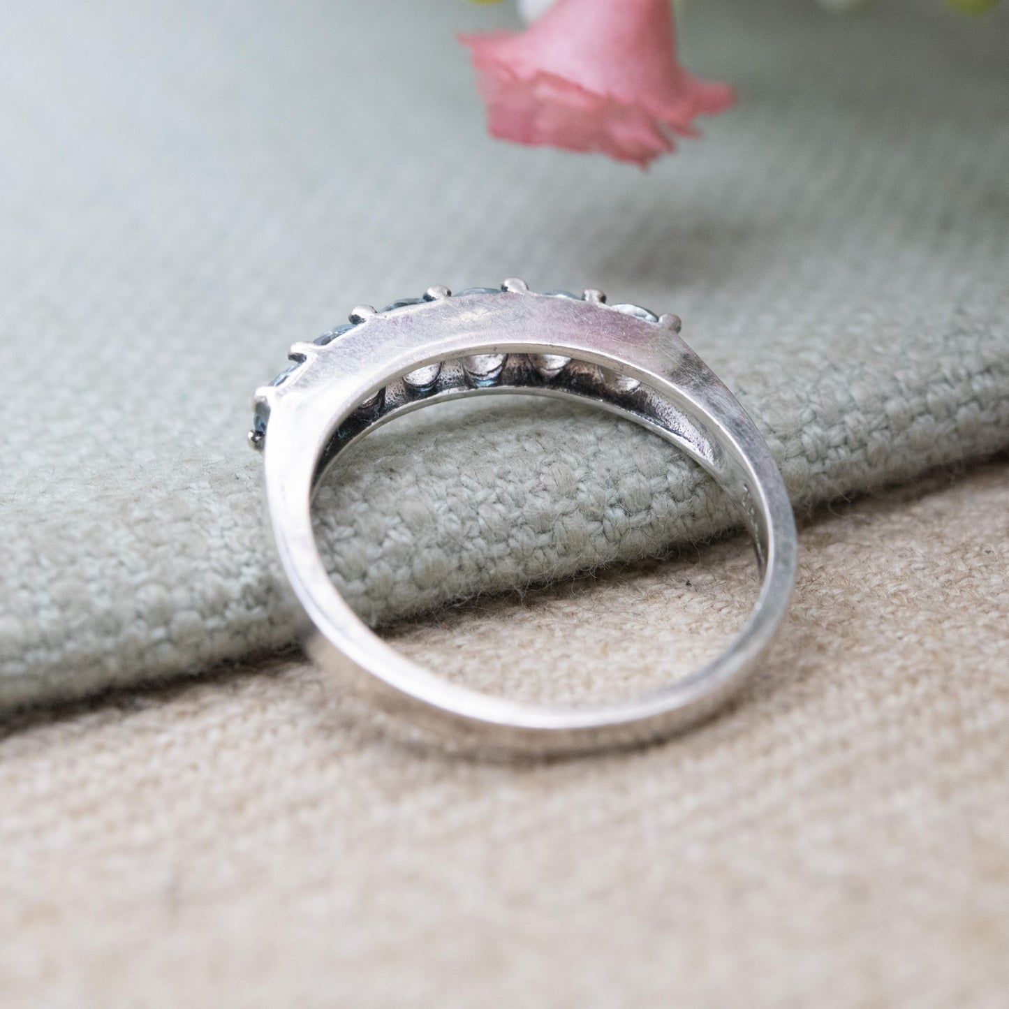 Thai Sterling Silver Blue Stone Five Stone Ring - Placeholder Stacking Band | UK Size - N | US Size - 6 3/4