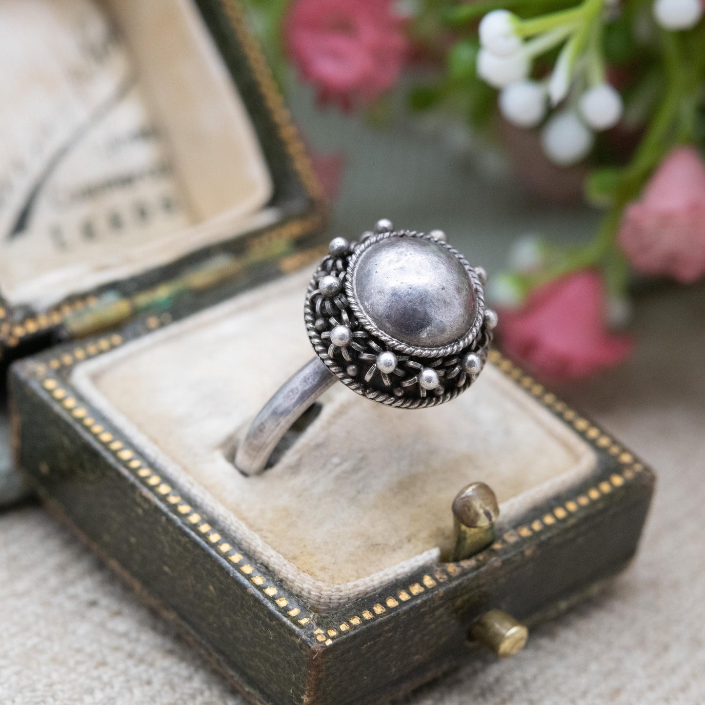 Vintage Sterling Silver Ball Ring - Rope Twist and Granulated Design | UK Size - N | US Size - 6 3/4