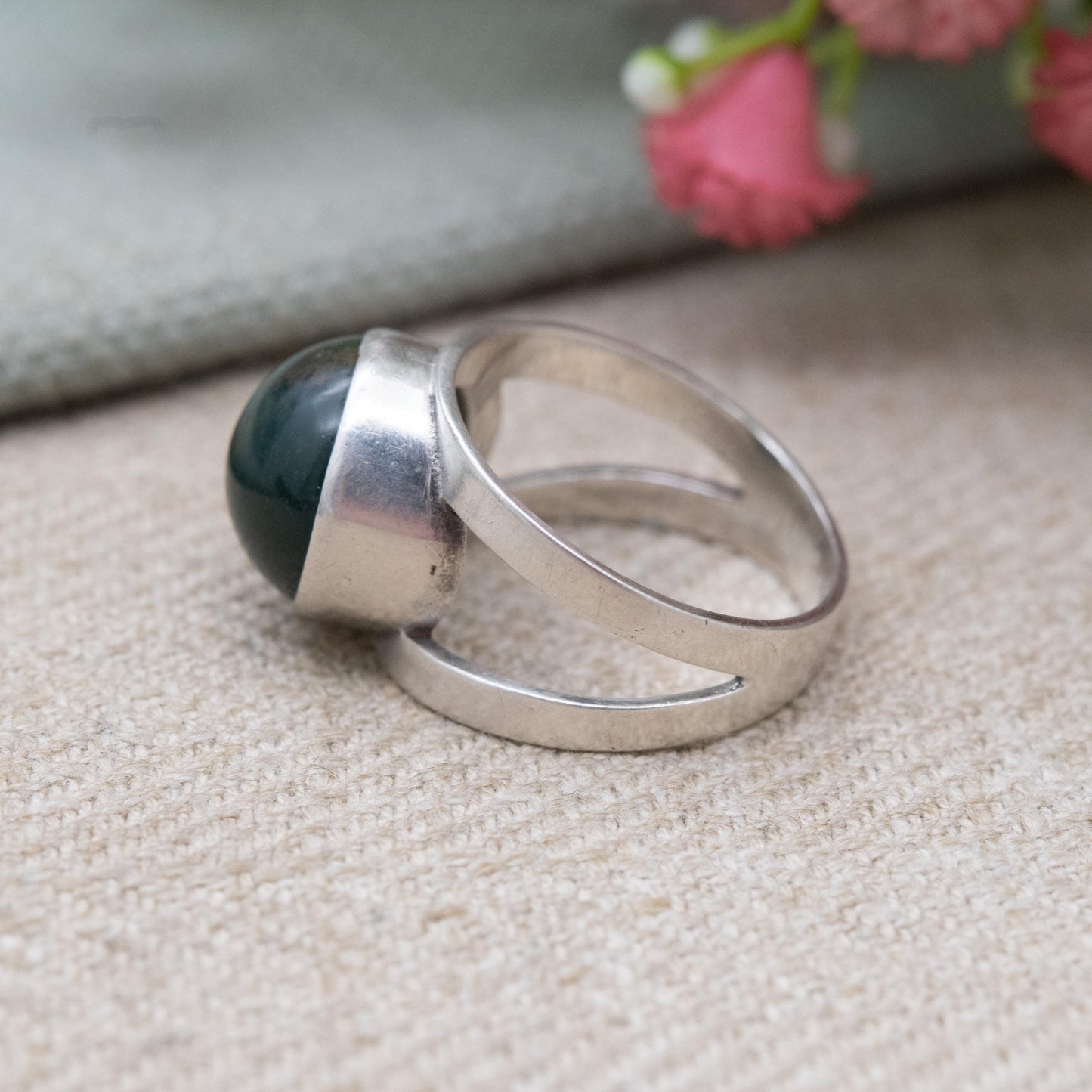Vintage Silver Blood Stone Statement Ring 1972 - Chunky Cabochon Solitaire | UK Size - O | US Size - 7 1/4