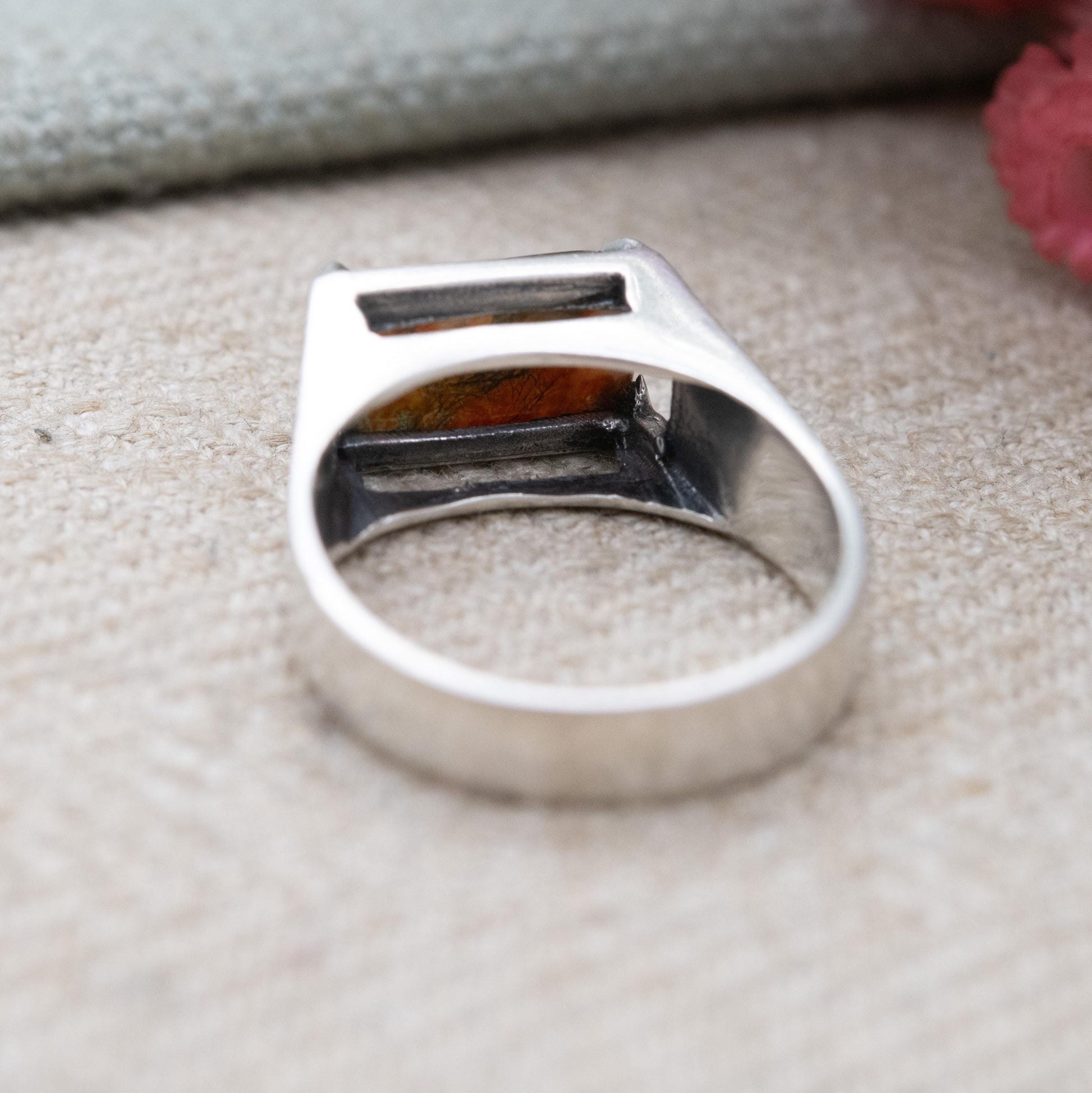 Vintage Sterling Silver Red Moss Agate Ring - Statement Mid-Century Gemstone | UK Size - N | US Size - 6 1/4