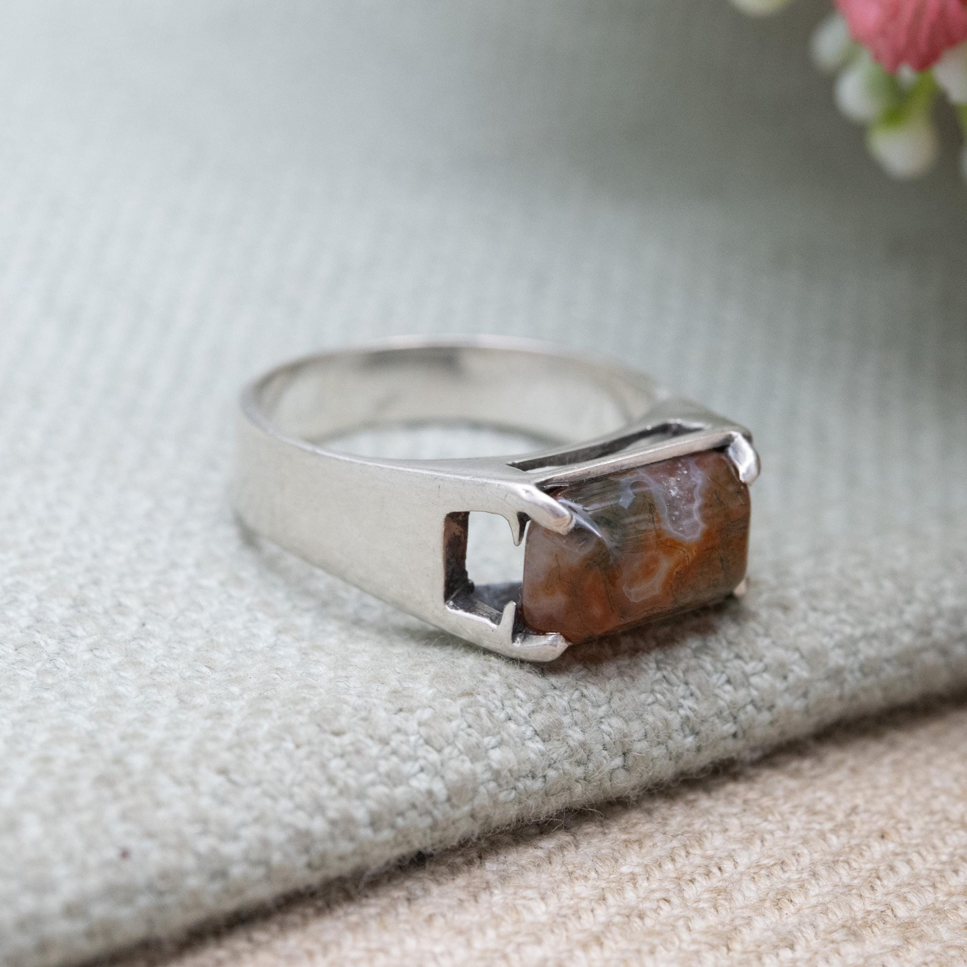 Vintage Sterling Silver Red Moss Agate Ring - Statement Mid-Century Gemstone | UK Size - N | US Size - 6 1/4